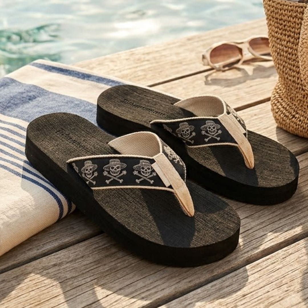 Pair of black and beige flip-flops with skull design on a wooden surface by a body of water.