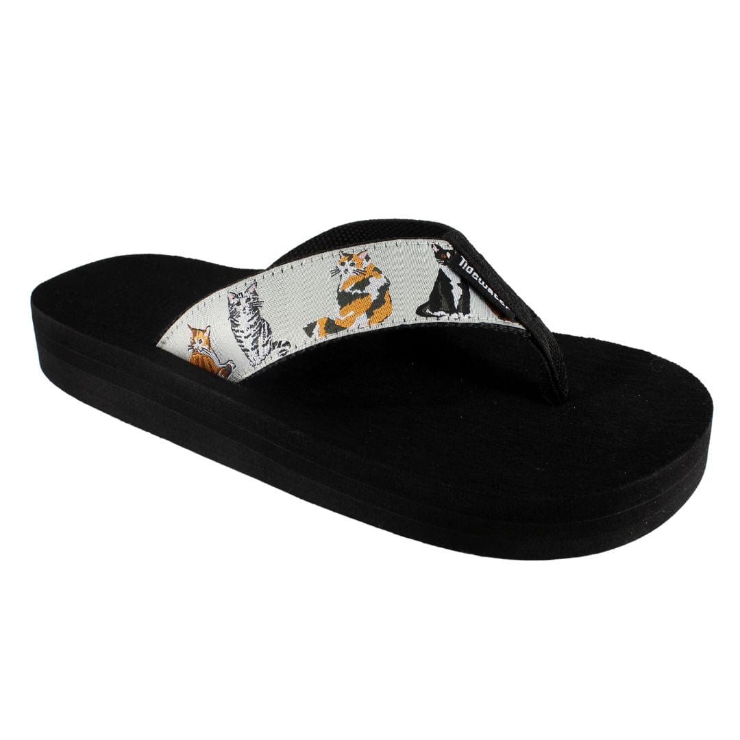 Black flip-flop featuring a colorful cat print on the strap, perfect for casual summer wear.
