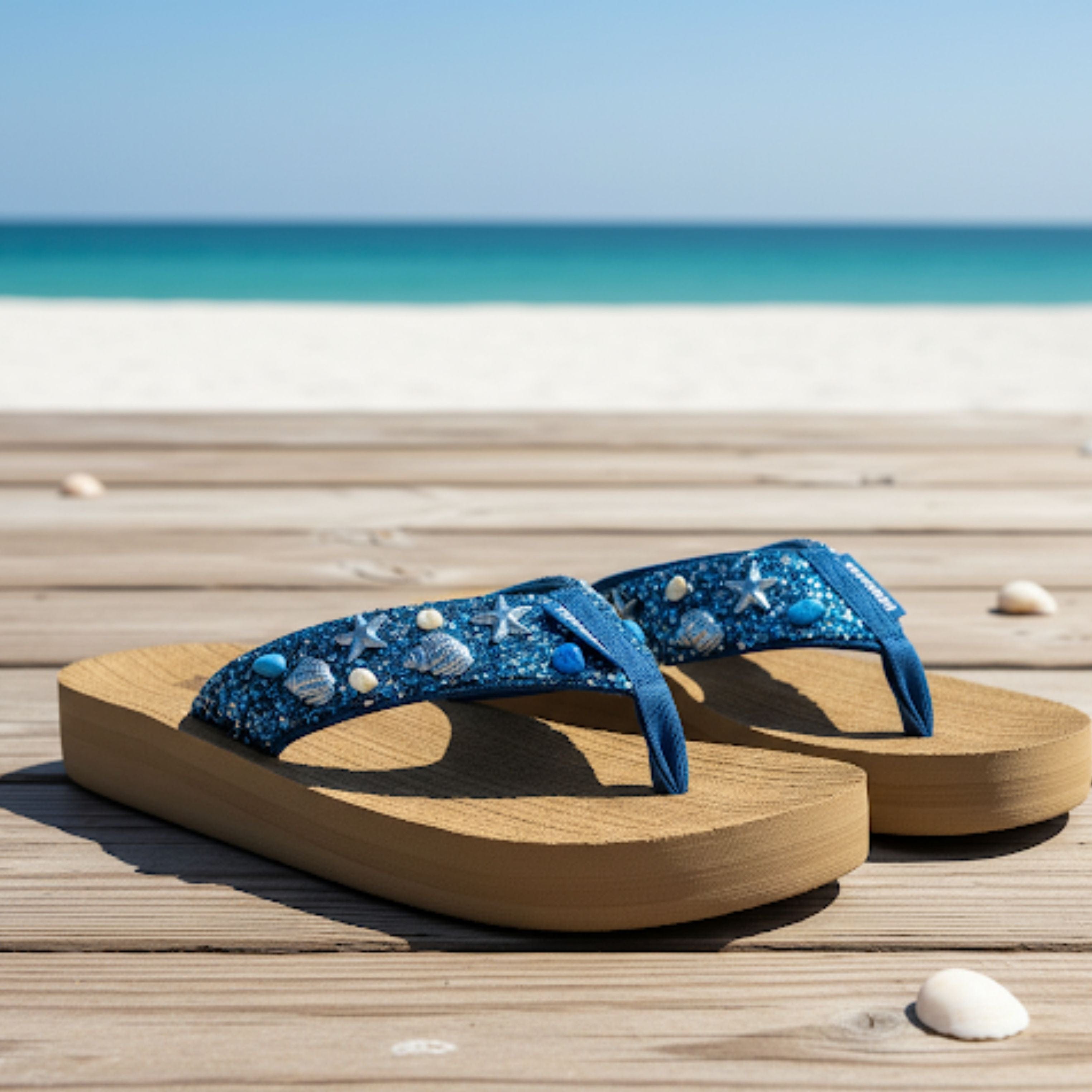 Blue flip-flops adorned with seashells resting on a wooden deck by a serene beach and clear turquoise water.