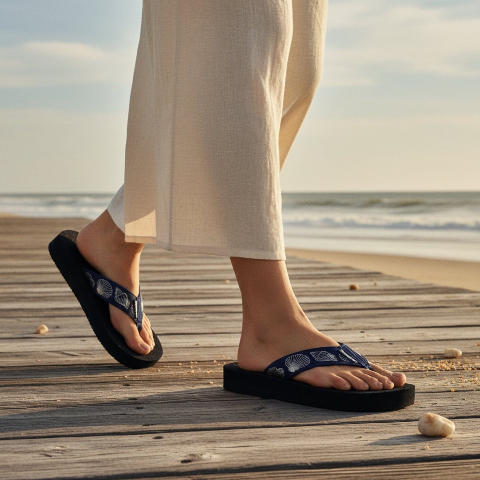 Person wearing black sandals on a wooden pier with ocean view