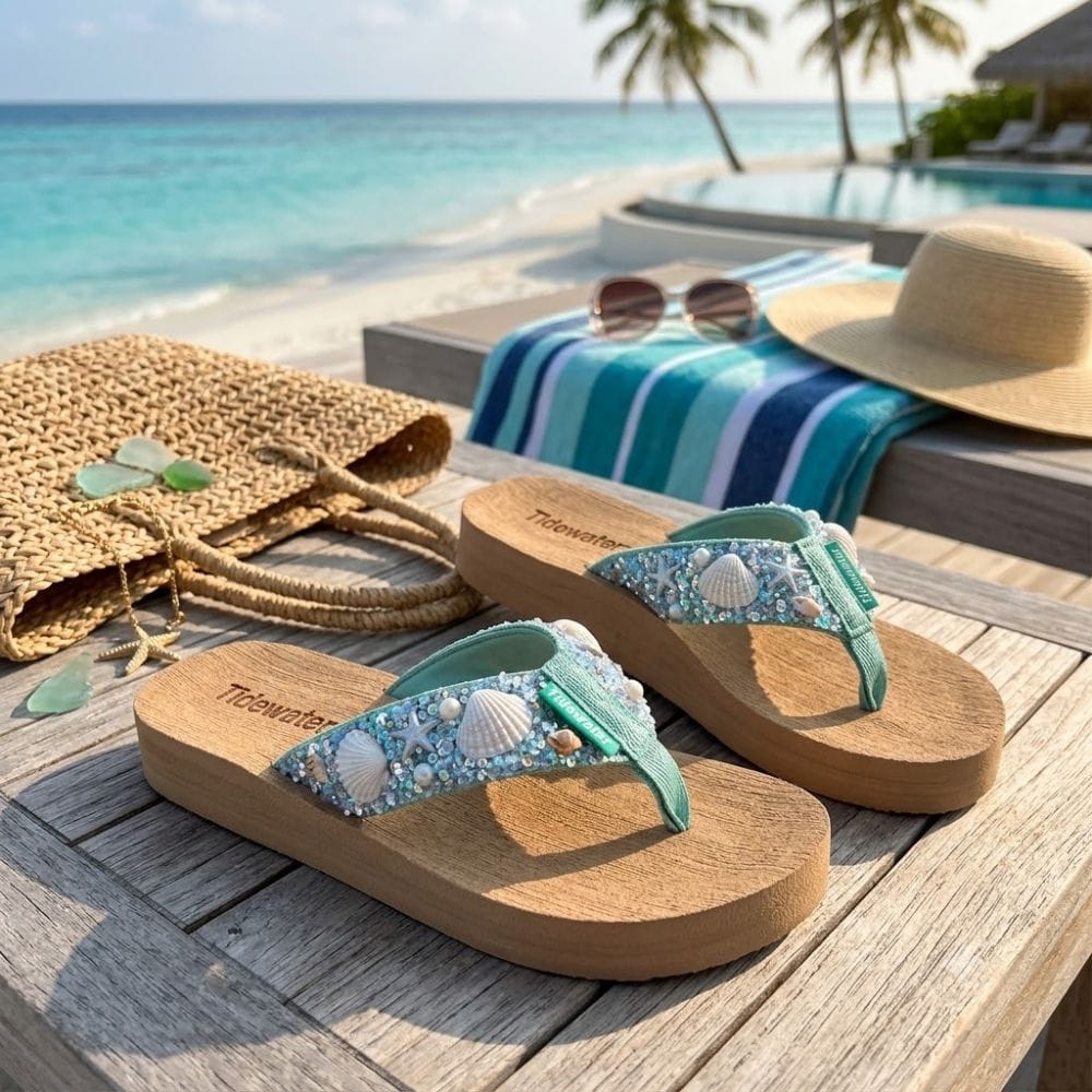 A pair of embellished thong sandals with mint green straps and white seashell details, displayed on a wooden table at a beach resort with a straw bag, sunglasses, and a hat nearby.