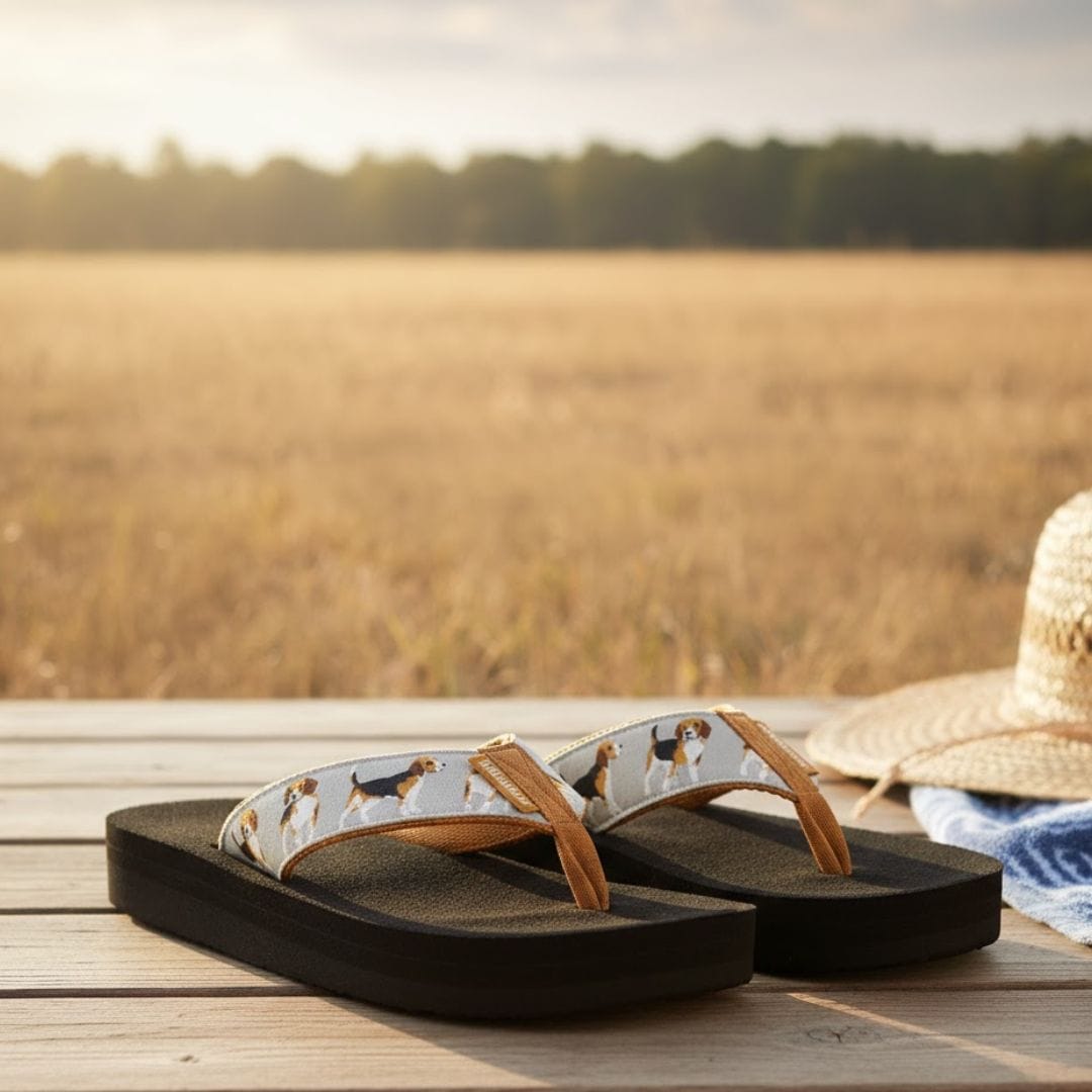 Beagle-themed flip-flops on a wooden surface, set against a sunlit field, perfect for casual summer outings.