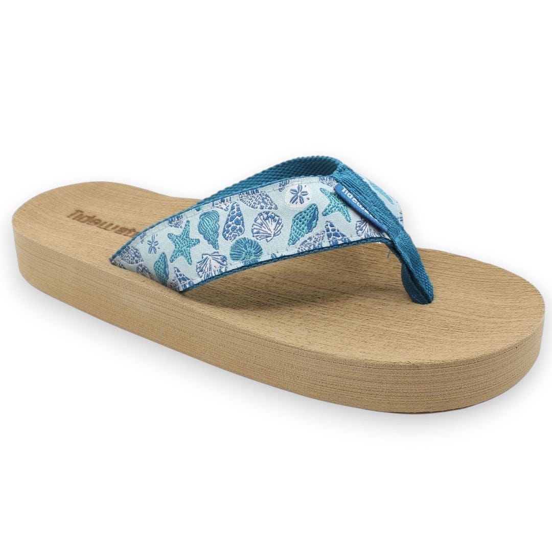 Blue Shells flip-flops featuring a patterned strap with seashell designs and a comfortable wooden sole. Perfect for summer outings.