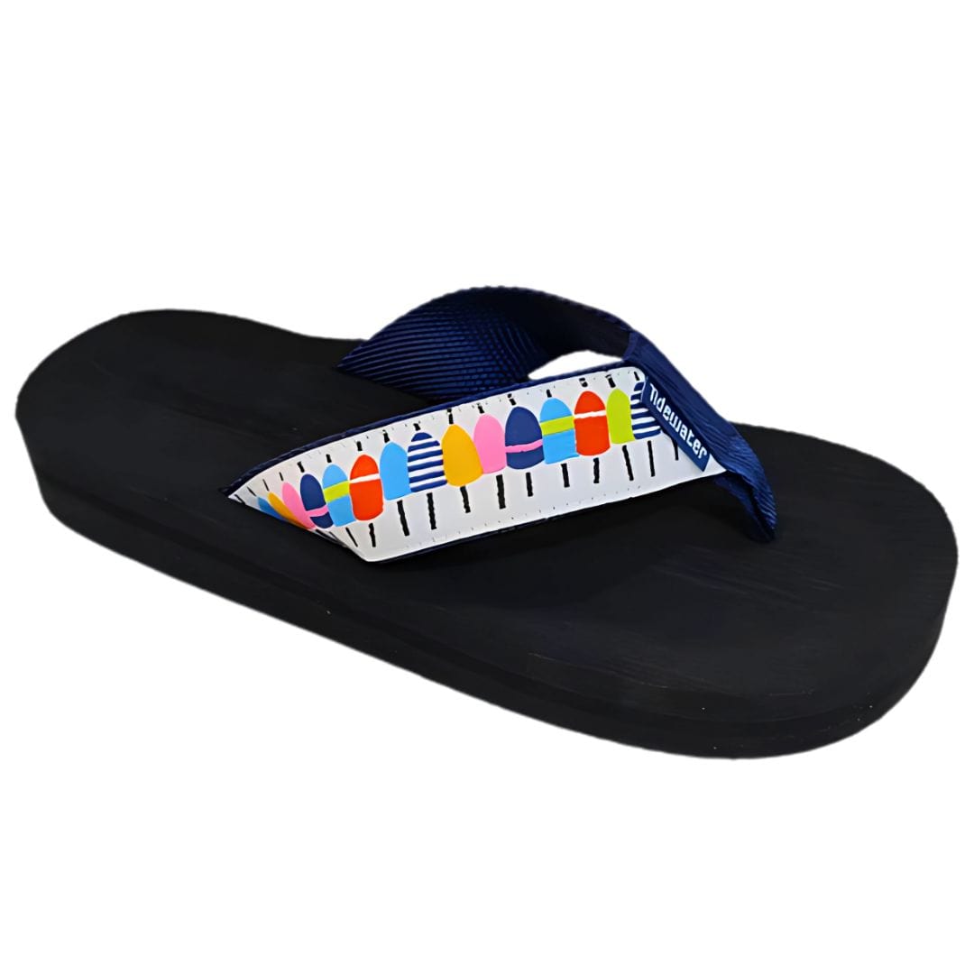 Colorful flip-flop featuring a patterned strap with vibrant designs and a black rubber sole, ideal for summer wear.