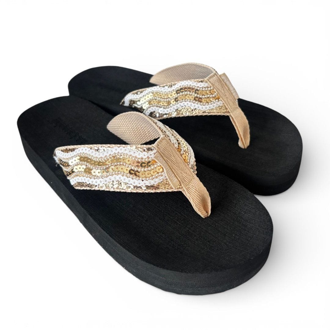 Black flip-flops with gold sequin straps on a white background
