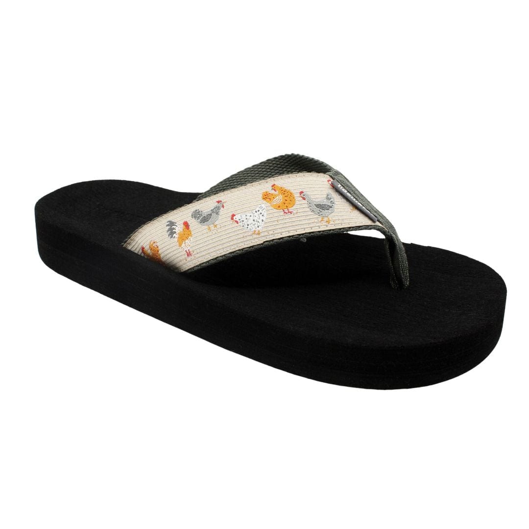 Fun flip-flop featuring a colorful chicken print strap and a comfortable black sole, perfect for casual summer wear.
