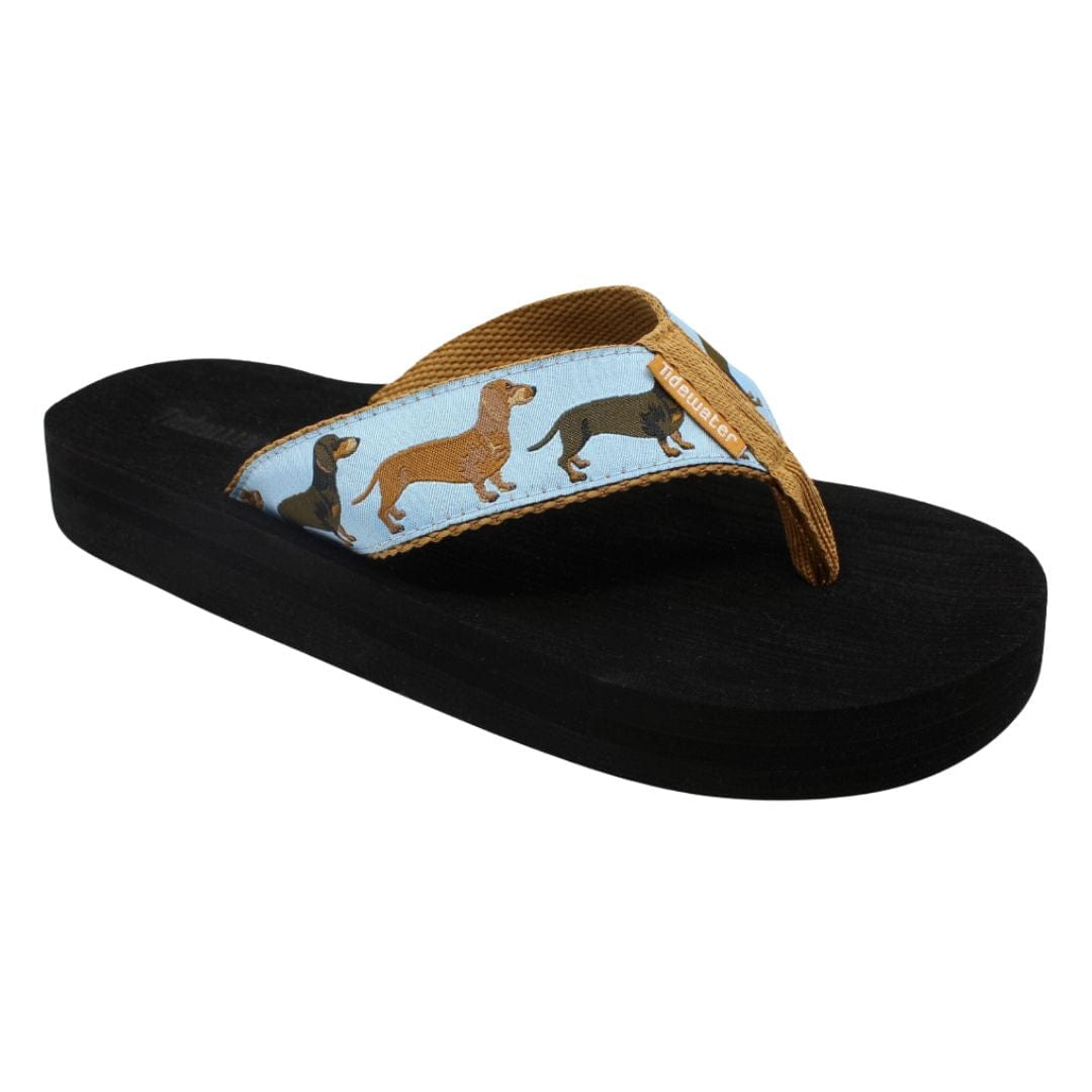 Dachshund-themed flip-flop featuring a light blue strap with playful dog illustrations and a black sole.