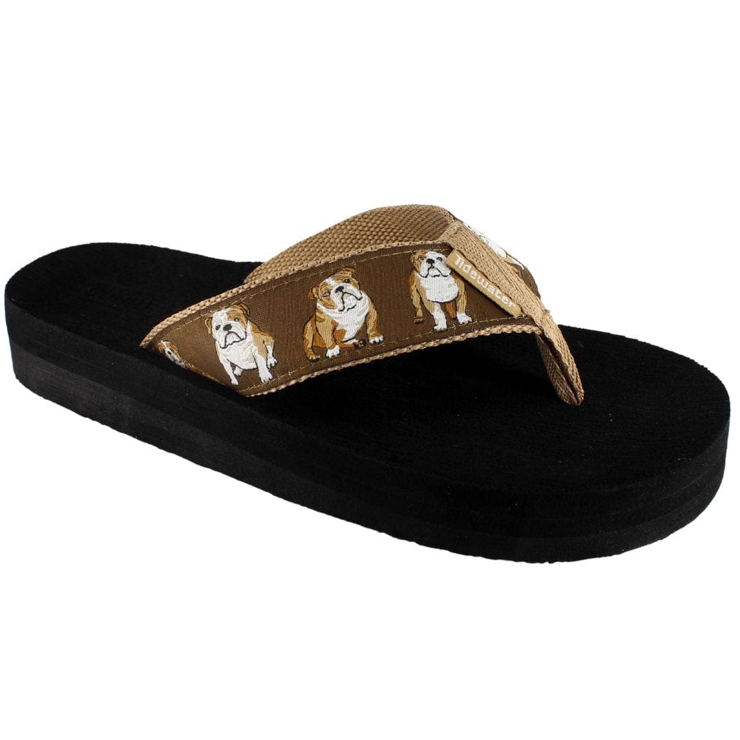 Brown flip-flop featuring a fun design of English Bulldogs on the strap, perfect for casual summer wear.