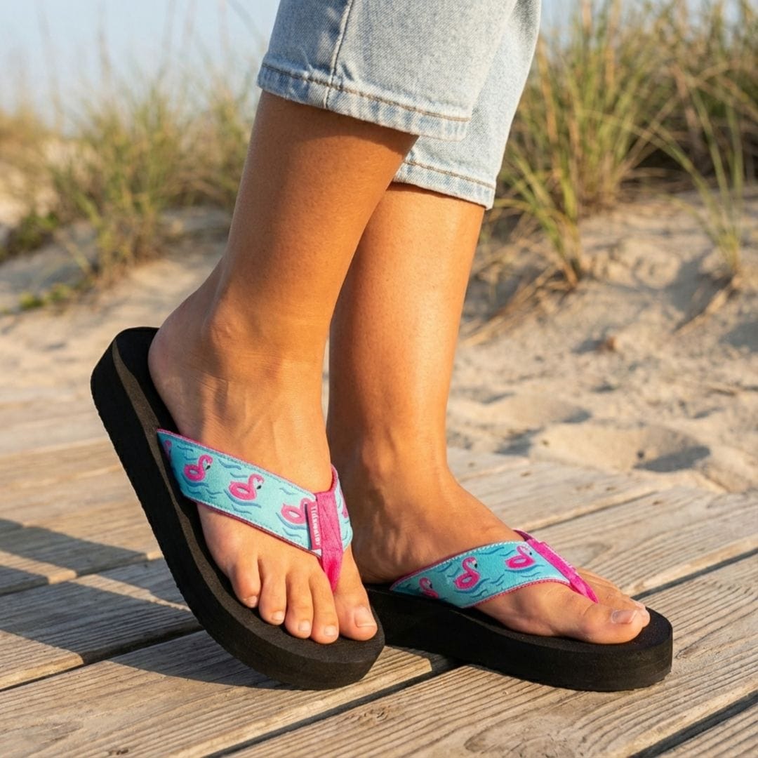 Person wearing black sandals with pink and blue straps on a wooden boardwalk.