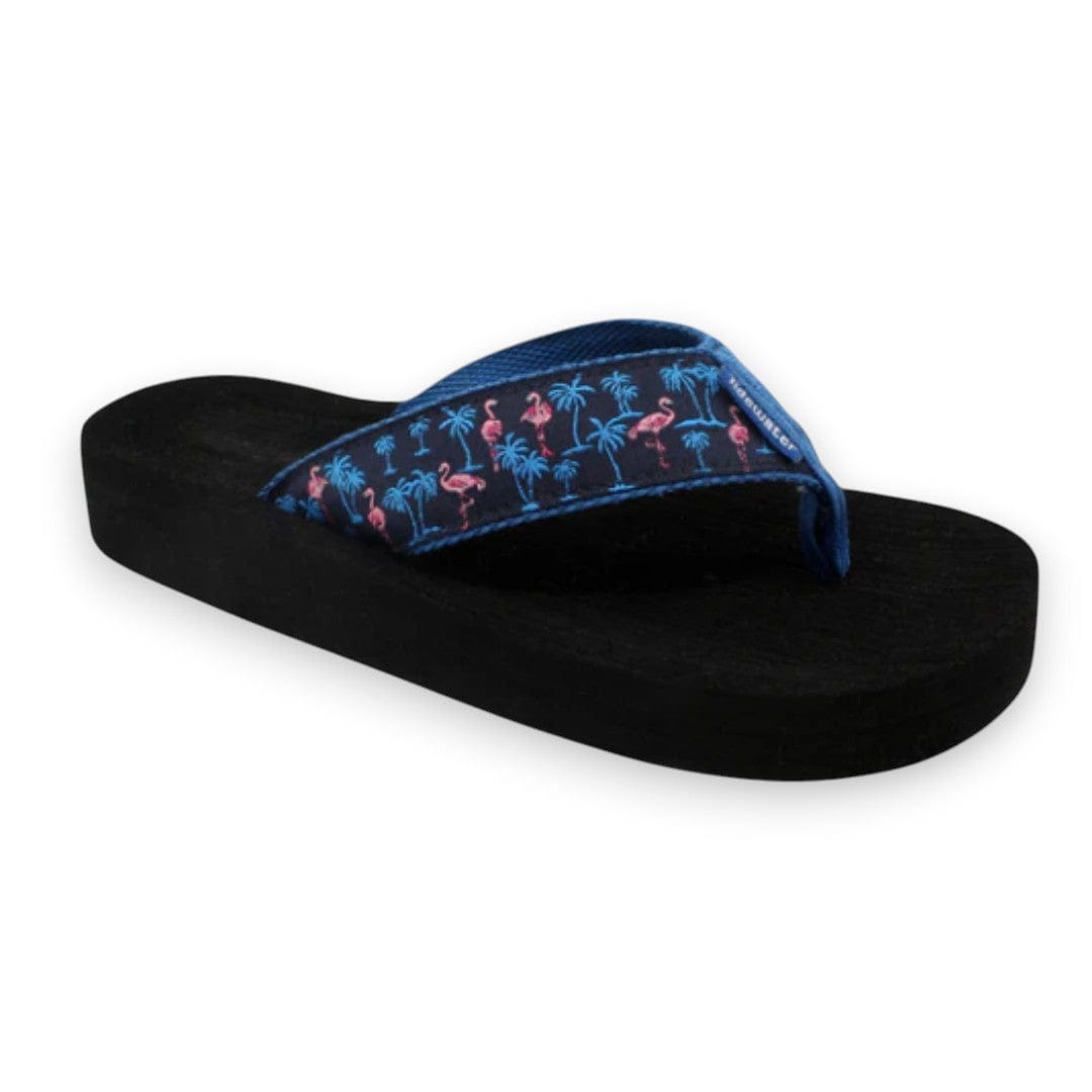 Black sandal with a blue strap featuring flamingo design on a white background