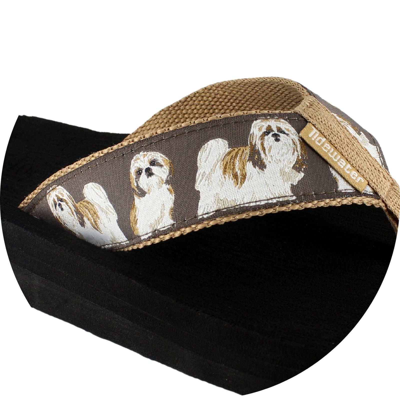 Tidewater Sandals featuring a fun Shih Tzu print on a stylish strap, perfect for dog lovers and casual wear.