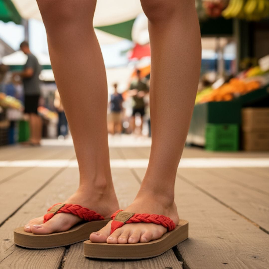 Person wearing sandals with red straps on a wooden floor at an outdoor market.