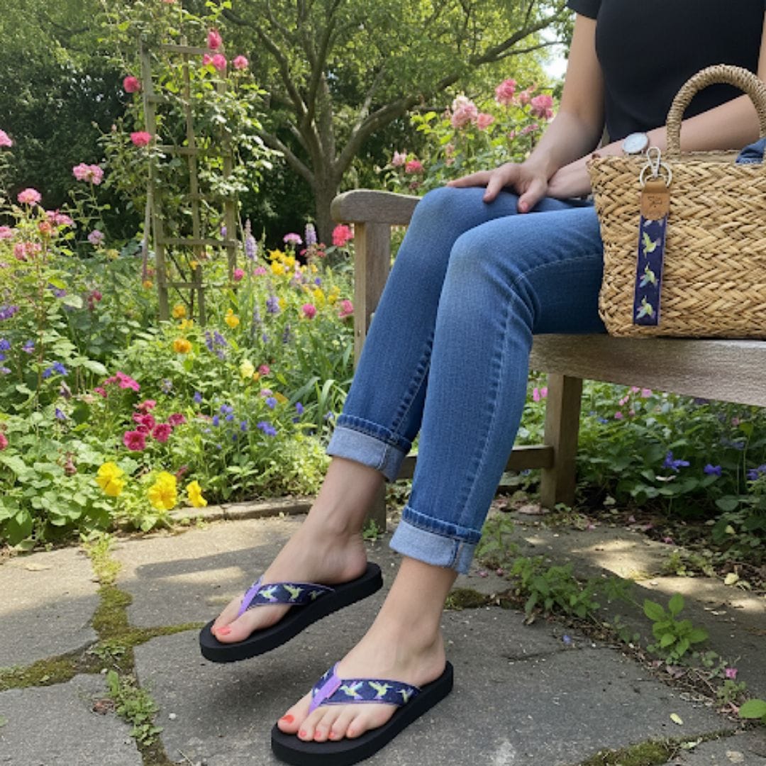 Comfortable flip-flops featuring a hummingbird design, paired with jeans, set in a vibrant flower garden.