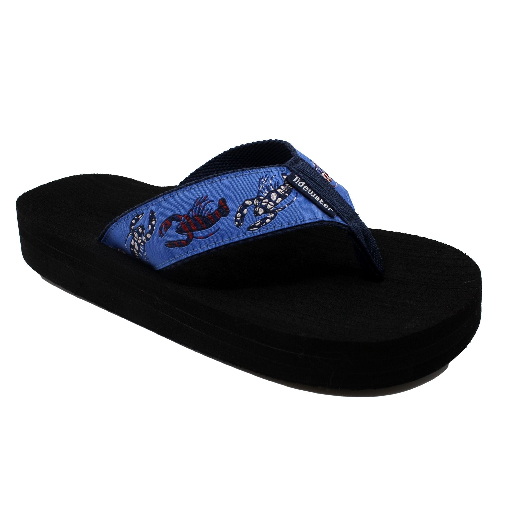 Blue flip-flop featuring a fun lobster design on the strap, perfect for summer outings and beach days.