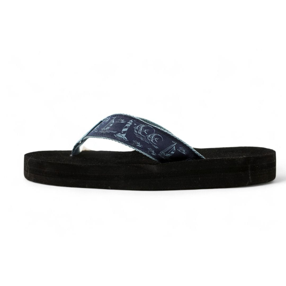 Men's On the Water flip-flops featuring a navy patterned strap and a comfortable black sole, perfect for beach outings.