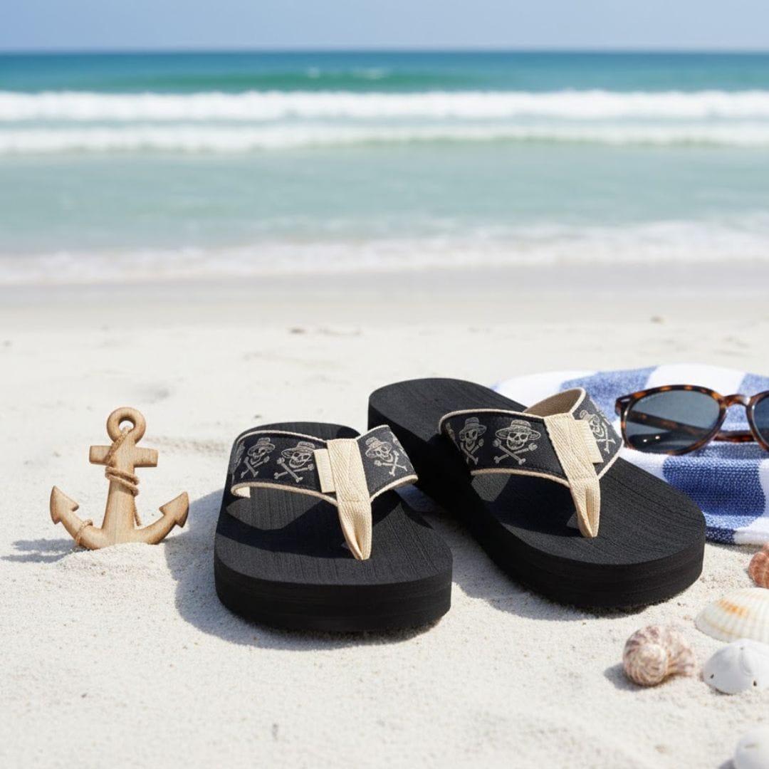 Black flip-flops with skull and crossbones design on a sandy beach with ocean view.