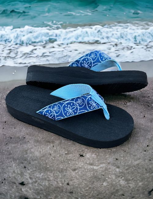 Blue Sand Dollar Flip Flops in the Boardwalk Comfort Flip Flop Collection from Tidewater Sandals