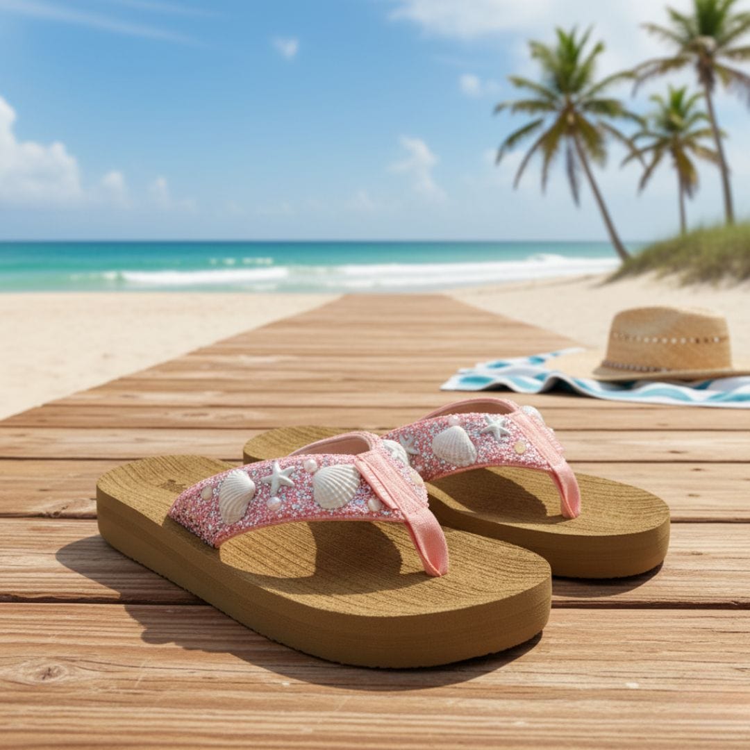 Pair of sandals with pink straps and white shells on a wooden deck with a beach and palm trees in the background.