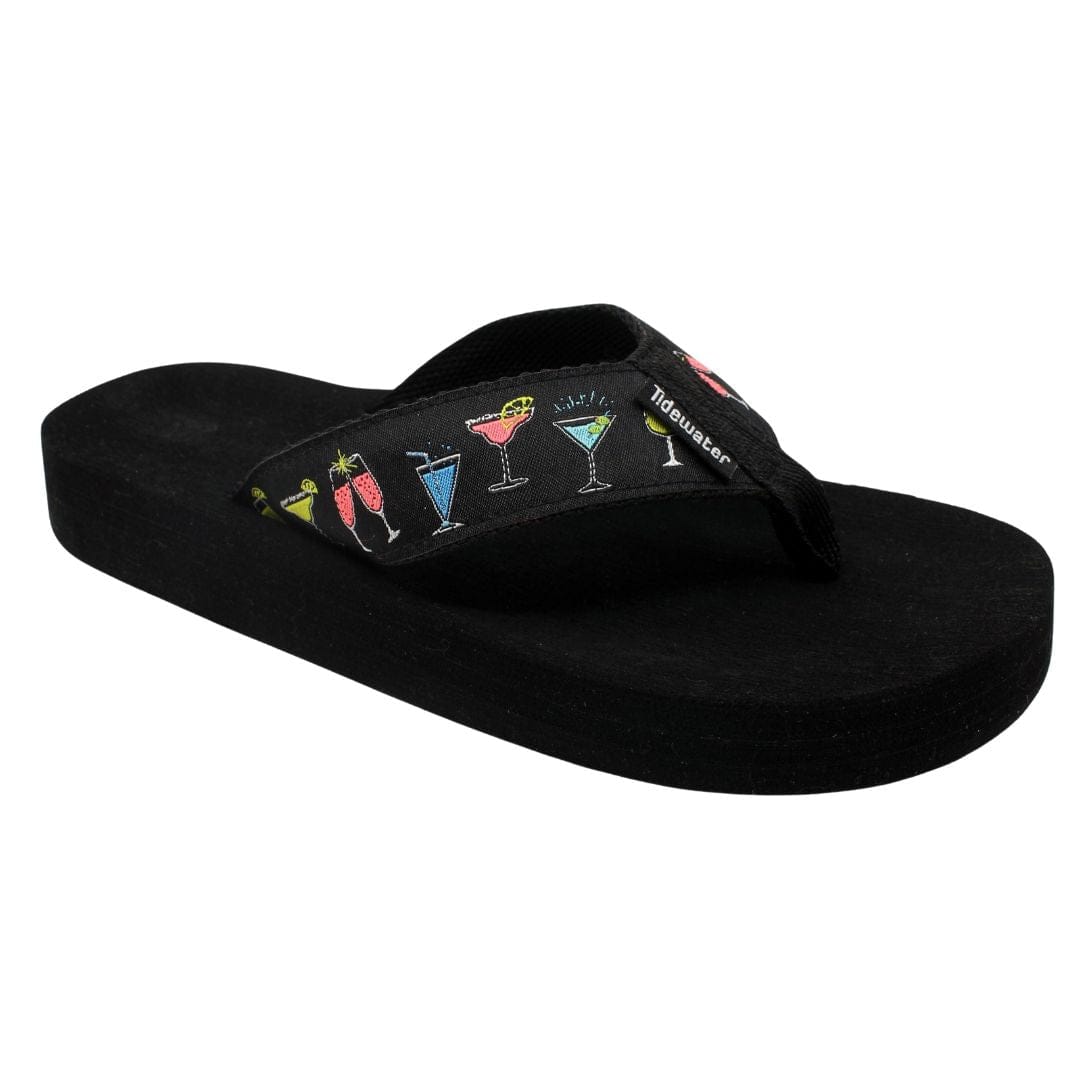 Black flip-flop featuring colorful cocktail graphics, perfect for summer fun and casual outings. Ideal for beach or poolside wear.