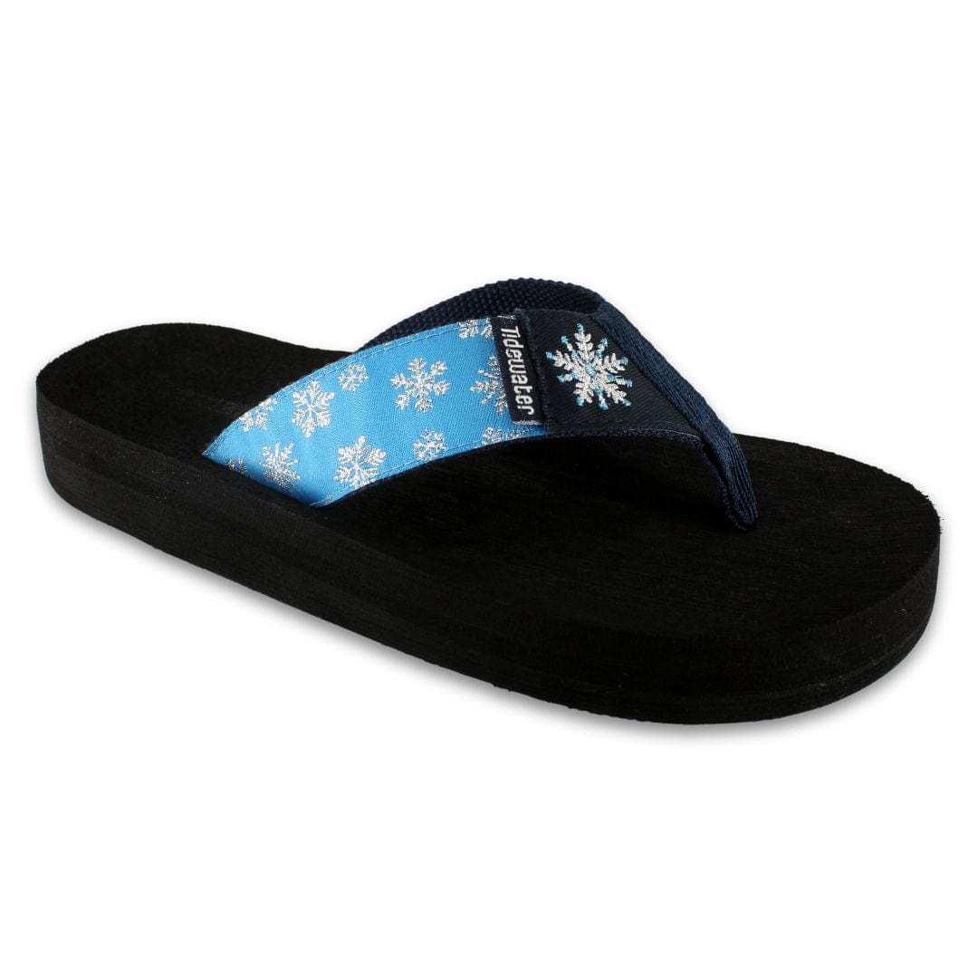 Blue flip-flop featuring a snowflake design on the strap and a black sole, perfect for winter-themed casual wear.