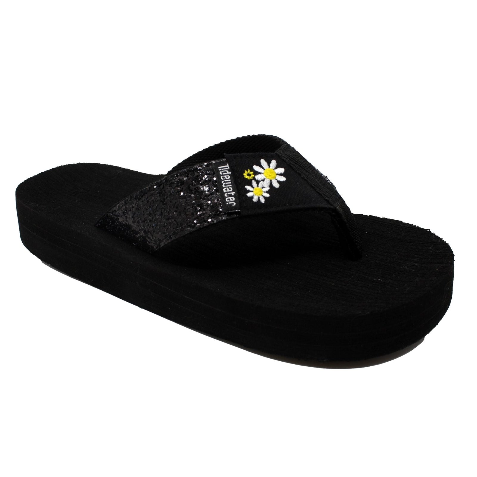 Black flip-flop with a sparkly strap and daisy embroidery, perfect for casual summer outings and beach days.