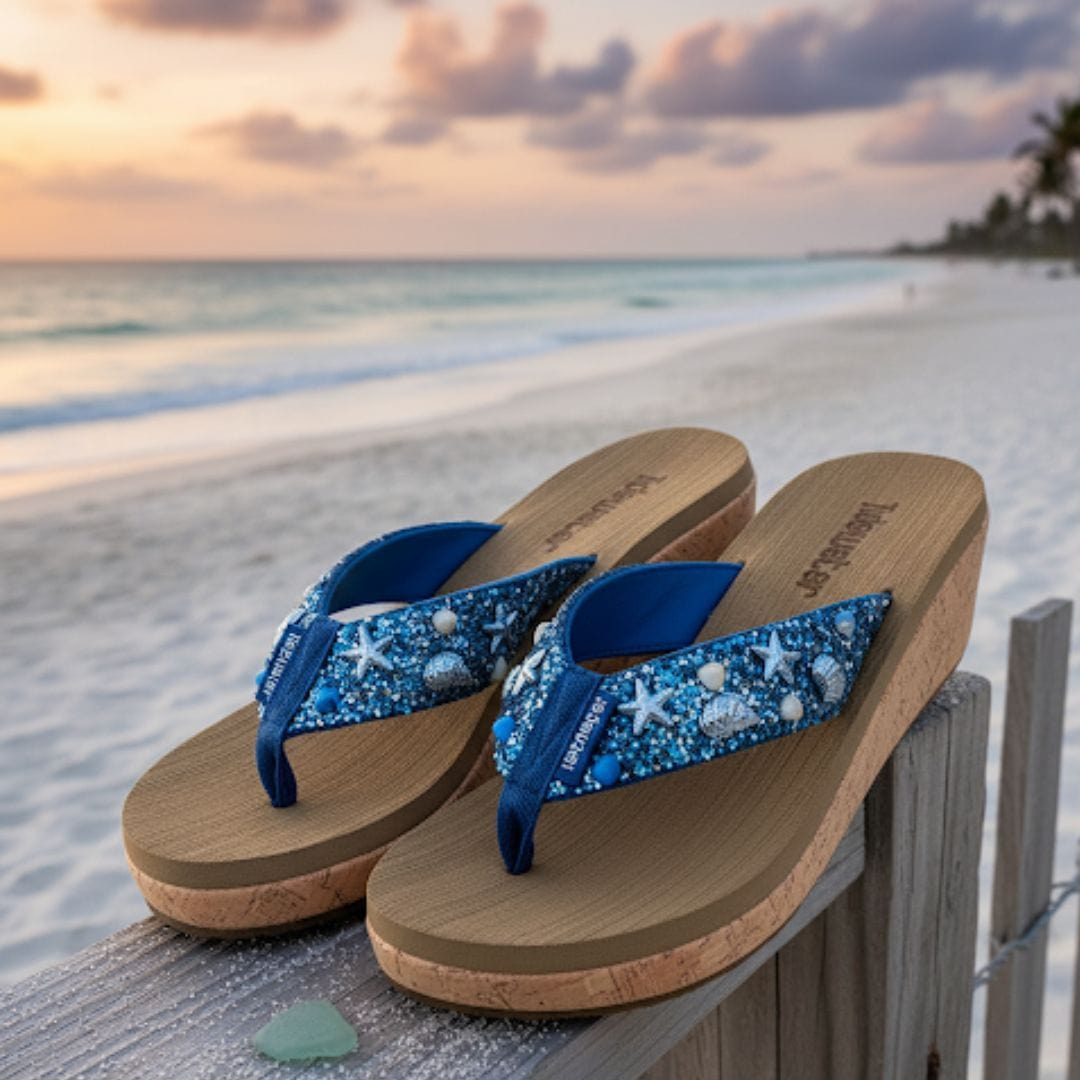 Pair of women’s blue seashell embellished wedge flip flops with cork sole displayed on wooden post by the ocean at sunset