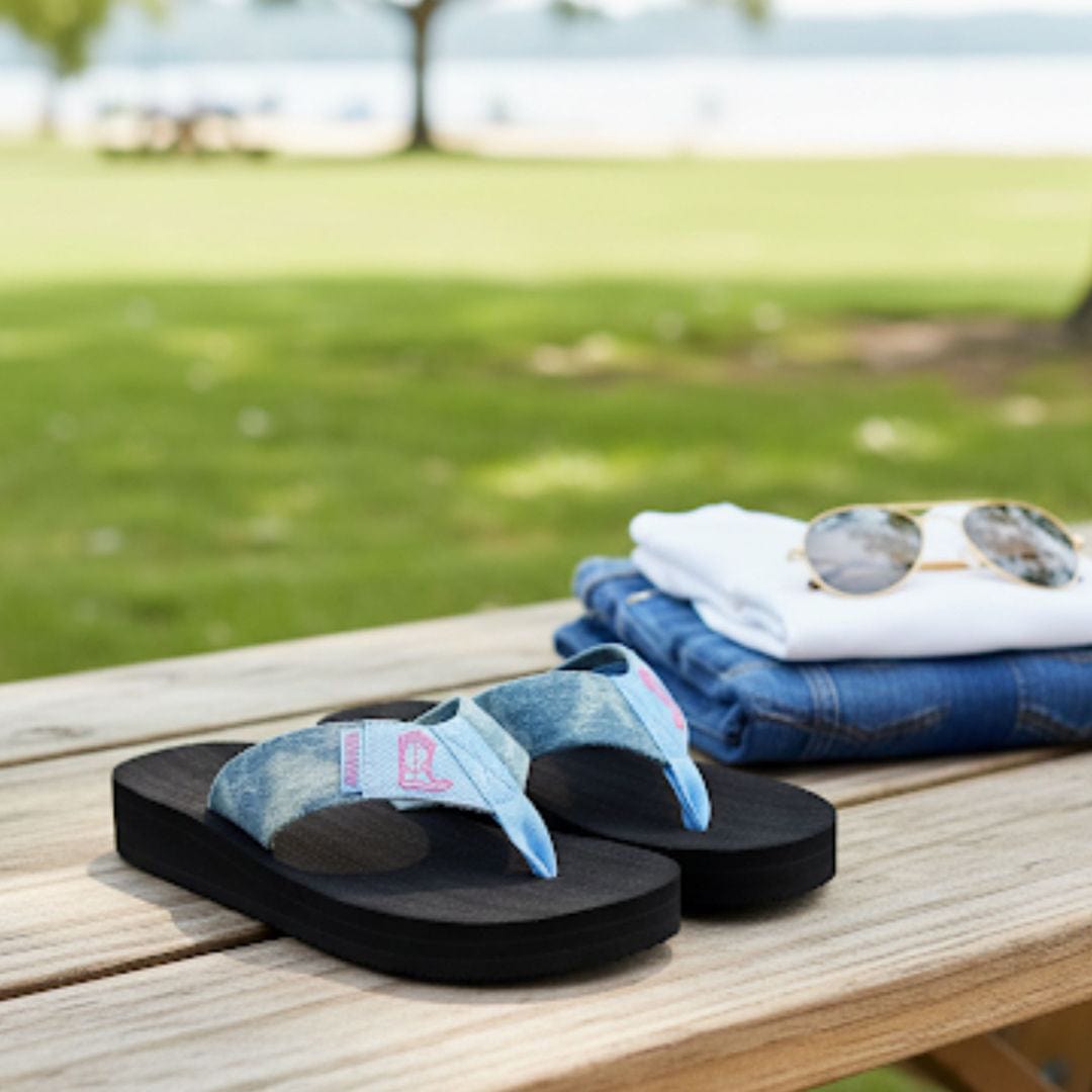 Women’s denim strap flip flops with black sole on picnic table beside folded jeans, white t-shirt, and sunglasses