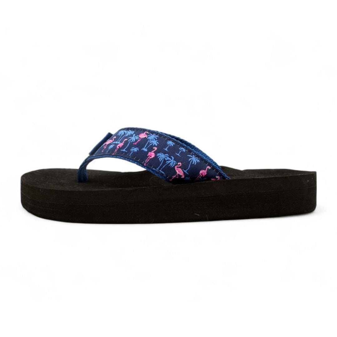 Casual black sandal featuring a tropical blue strap with flamingos and palm tree patterns, textured sole.