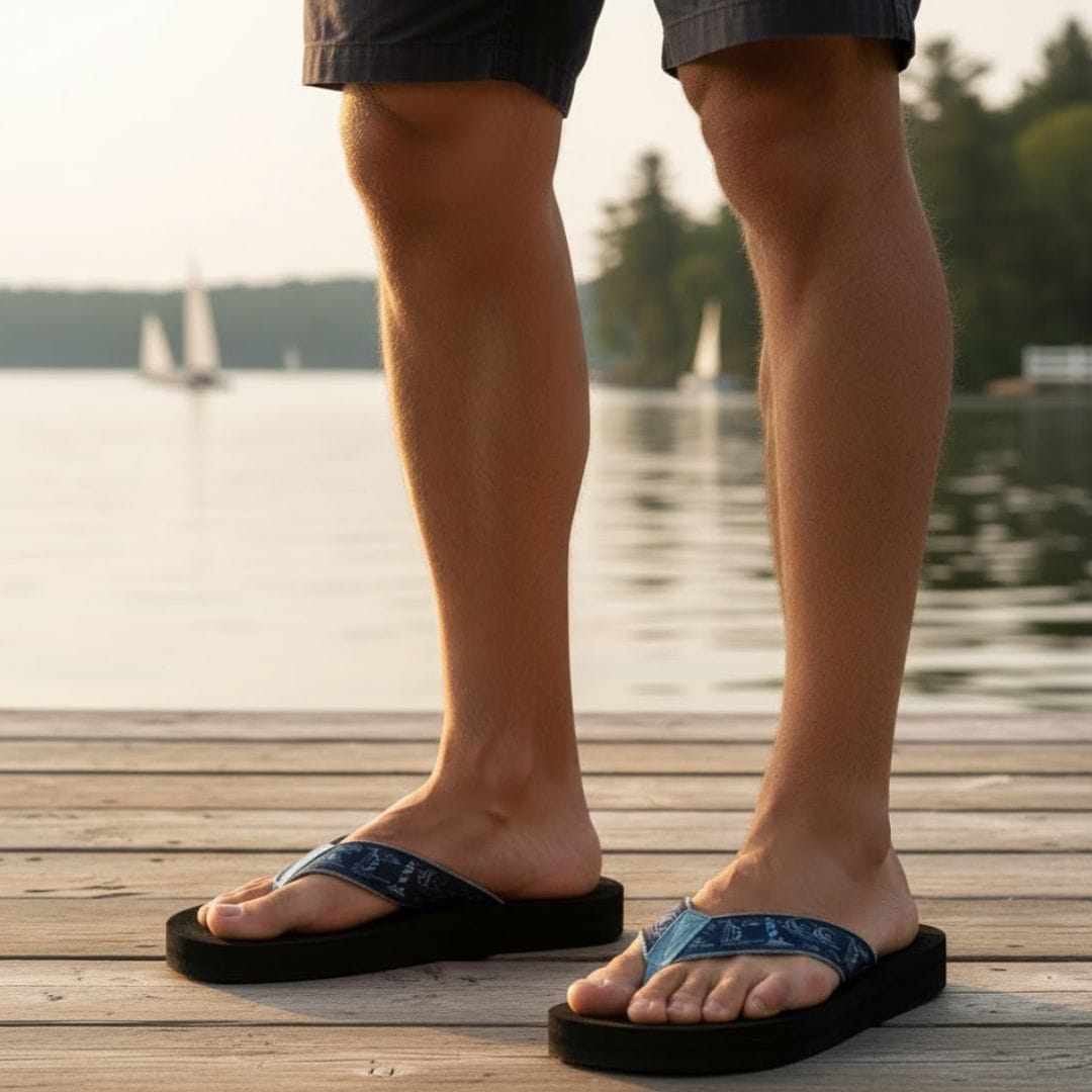 Men's Tidewater sandals featuring a blue patterned strap, perfect for casual wear by the water. Ideal for summer outings.
