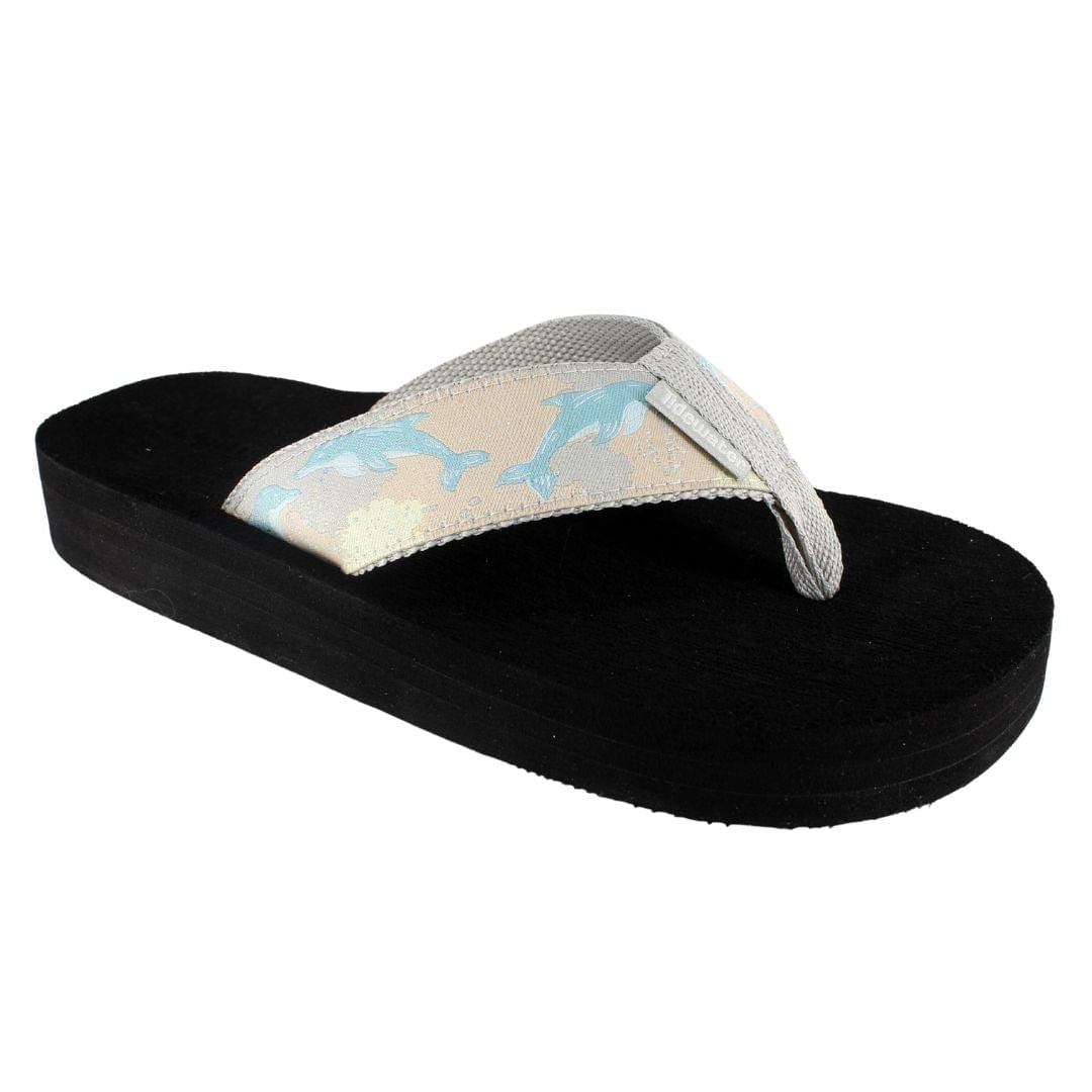 Lightweight Dolphin Way flip-flops with a patterned strap featuring dolphins, perfect for beach or casual wear.