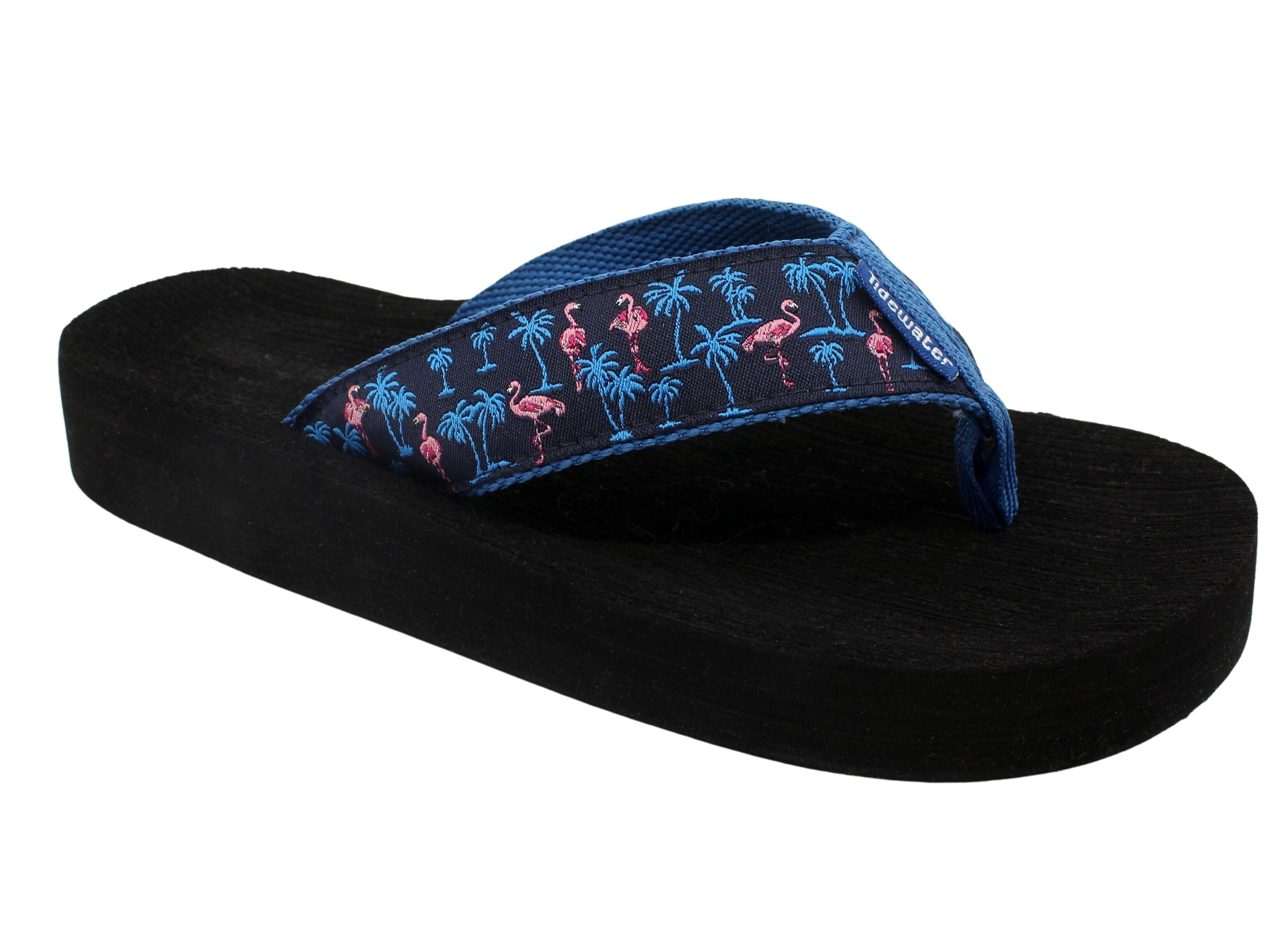 Black flip-flop with a navy-blue strap featuring pink flamingos and blue palm tree patterns, branded &quot;Tidewater.&quot;
