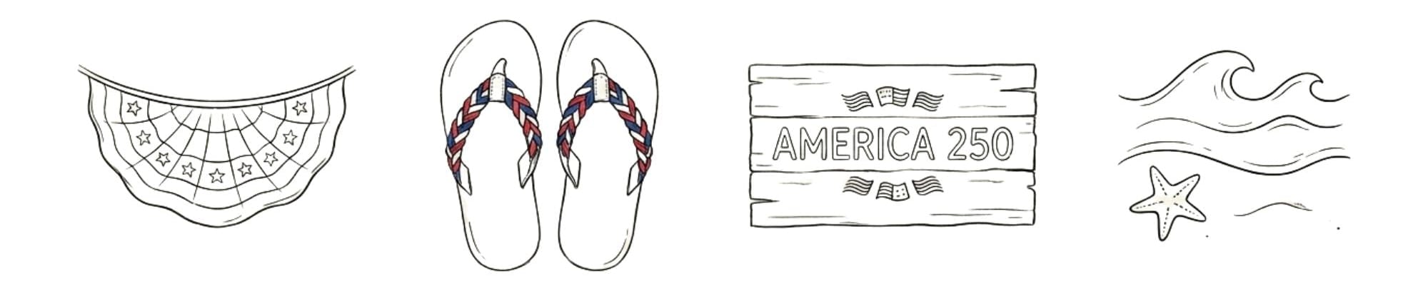 Illustrations of flip-flops, a sign, and decorative elements on a white background