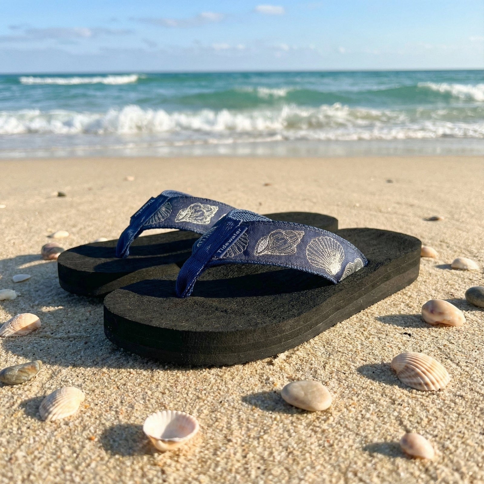 Black flip-flops with blue straps on a sandy beach with ocean waves in the background