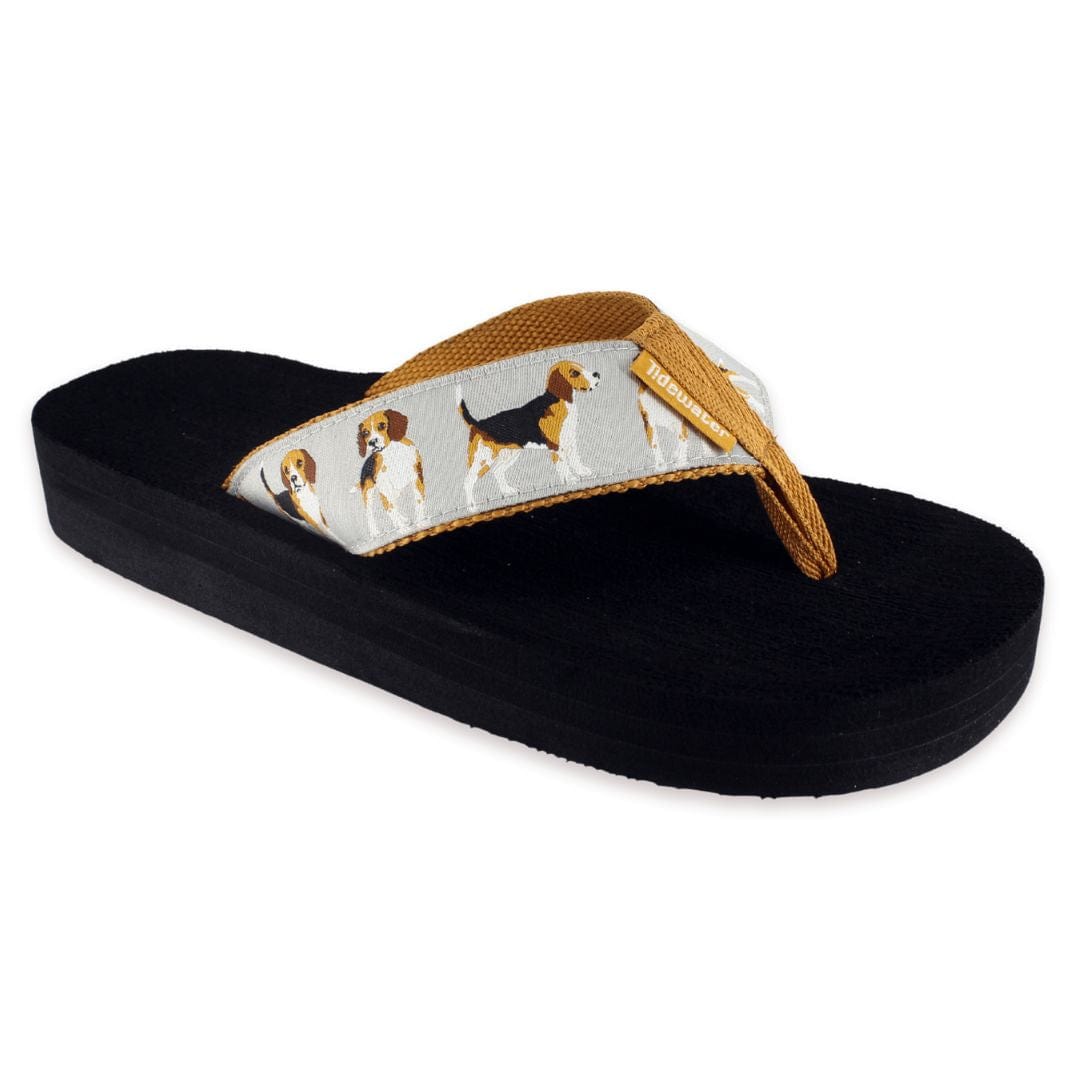 Beagle-themed flip-flop featuring a black sole and a patterned strap with playful beagle illustrations.