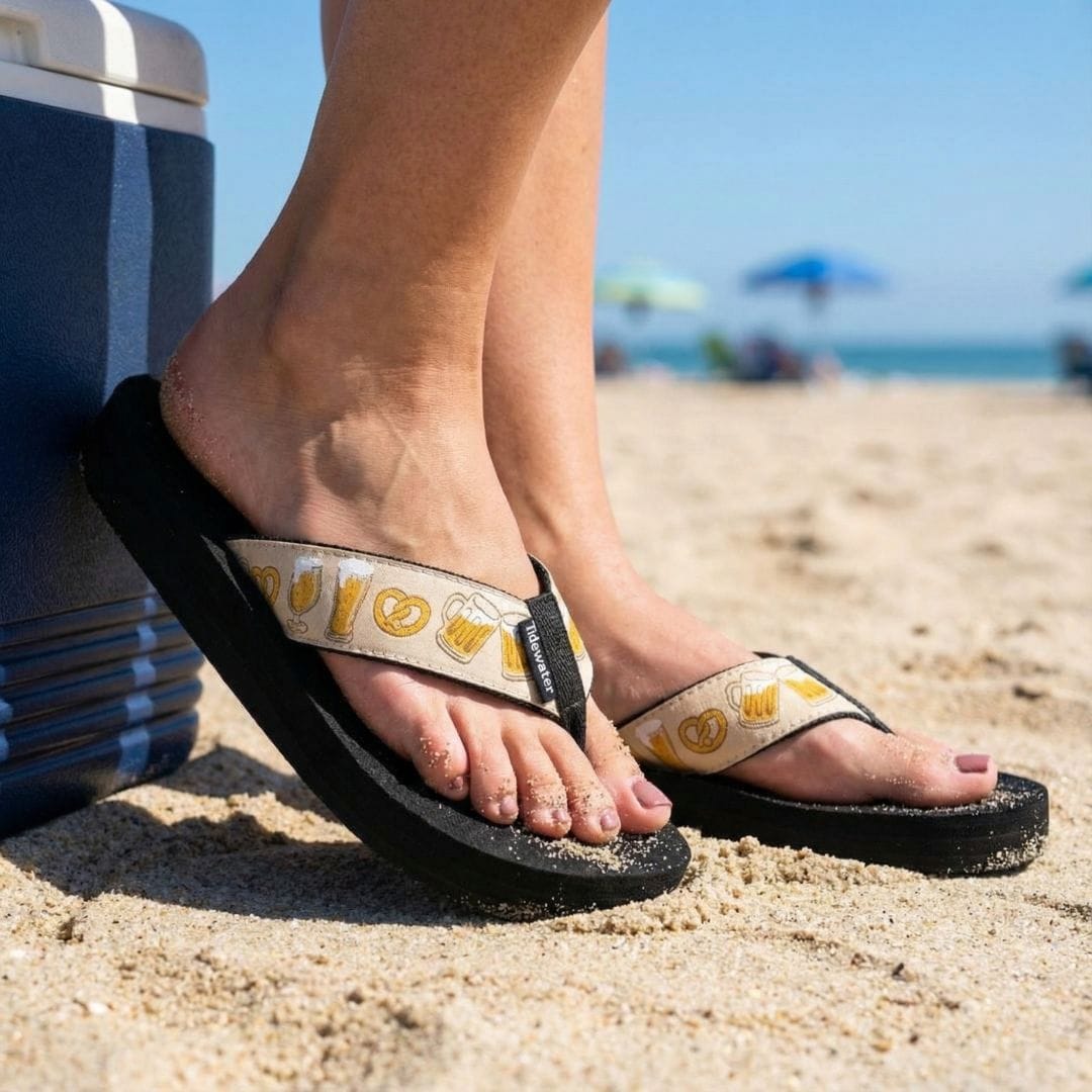 ALMONDWalks on Water 9’4″ Pints and Pretzels by Tidewater Sandals | Beer & Pretzel Print