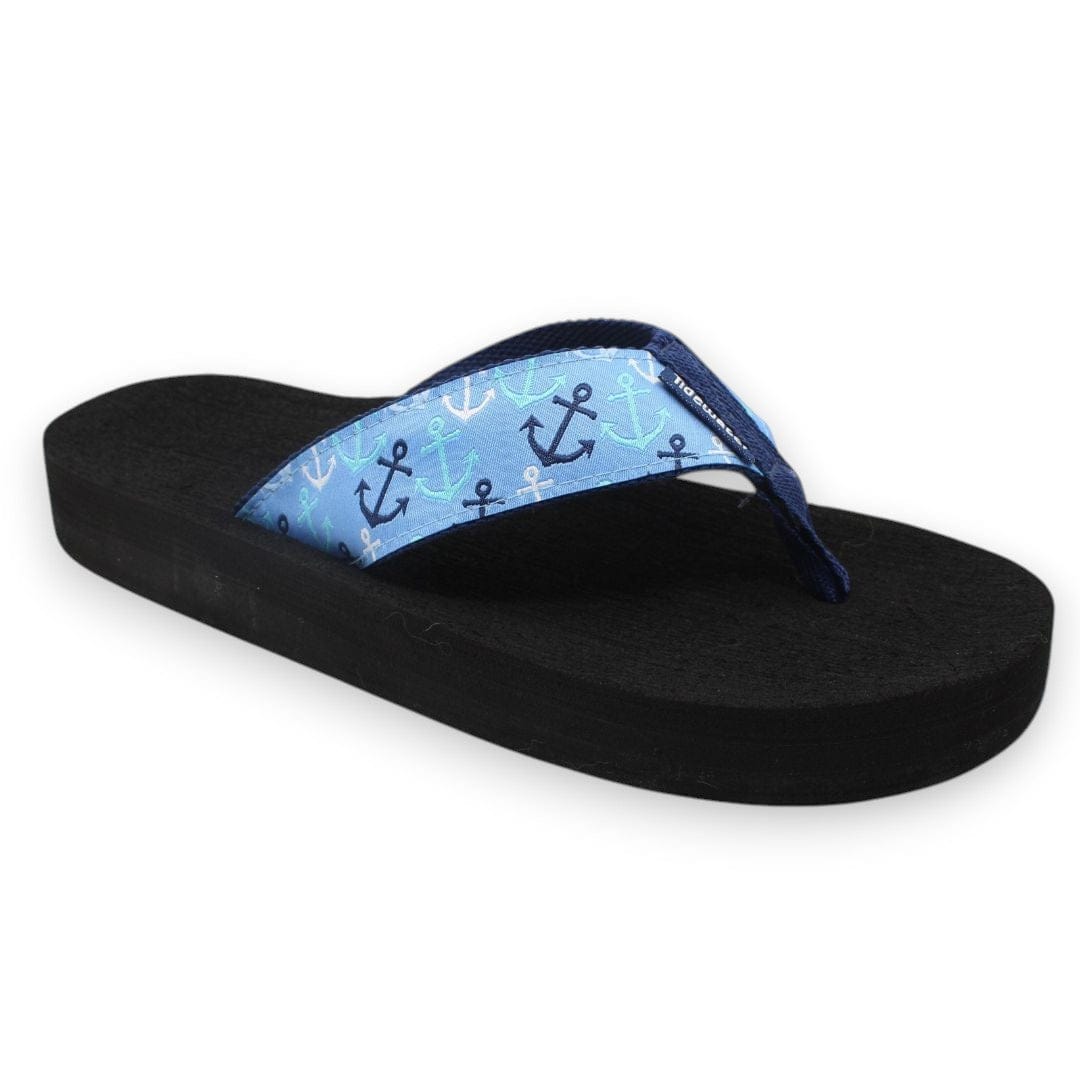 Blue flip-flop featuring an anchor pattern on the strap and a comfortable black sole, perfect for beach outings.