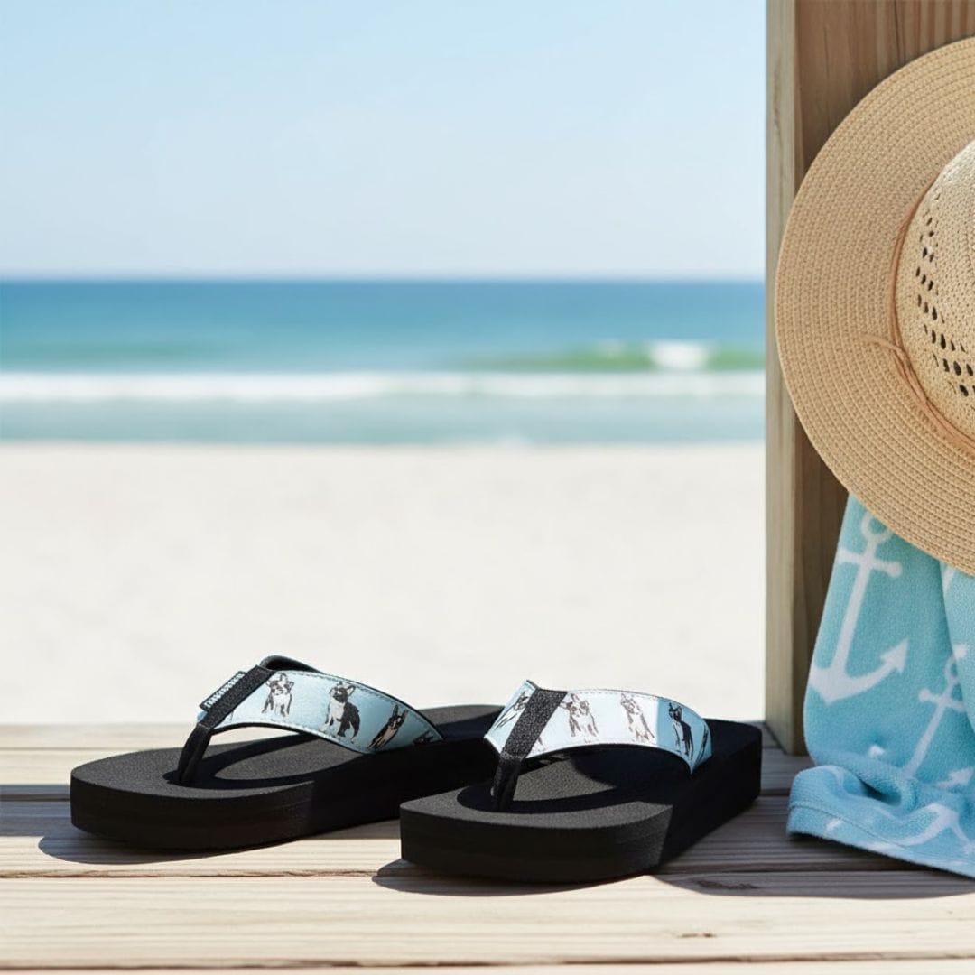 Boston Terriers flip-flops resting on a wooden deck by the beach, with a sun hat and towel in the background.