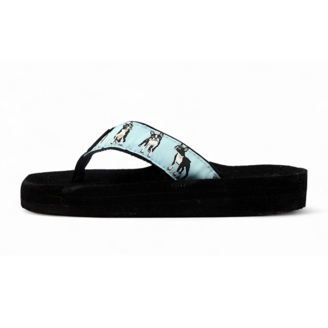Black flip-flops featuring a playful Boston Terrier print on a light blue strap, perfect for casual summer wear.