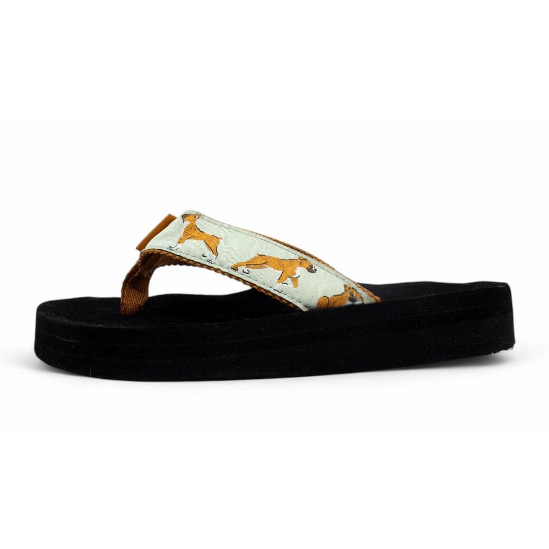 Comfortable flip-flop sandals featuring a playful fox print on a light blue strap and a black sole.