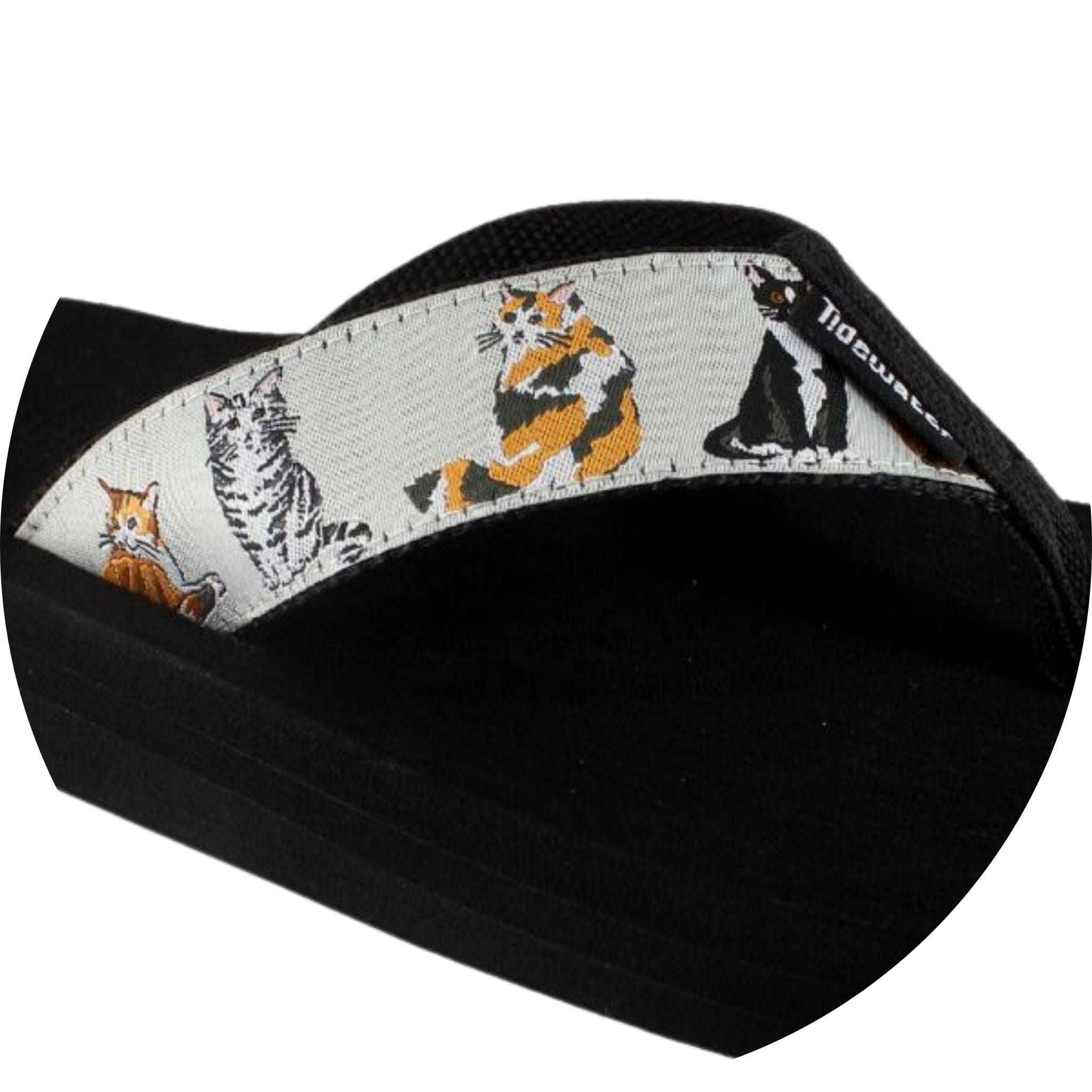 Black flip-flop featuring a fun cat print on the strap, perfect for casual summer wear and cat lovers.