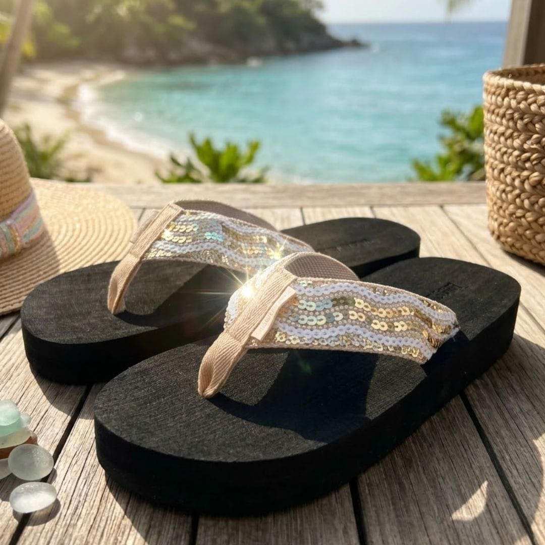 Black flip-flops with a sequined strap on a wooden deck with a beach in the background