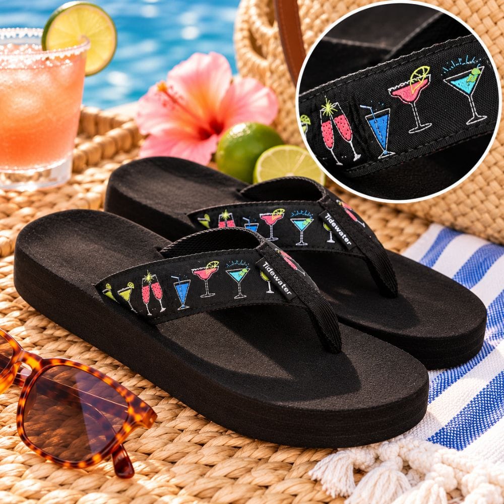 A pair of black foam flip-flop sandals with colorful cocktail-themed straps, displayed on a woven mat with tropical beach props including sunglasses, a drink, a hibiscus flower, limes, and a straw hat. An inset circle shows a close-up of the strap pattern.