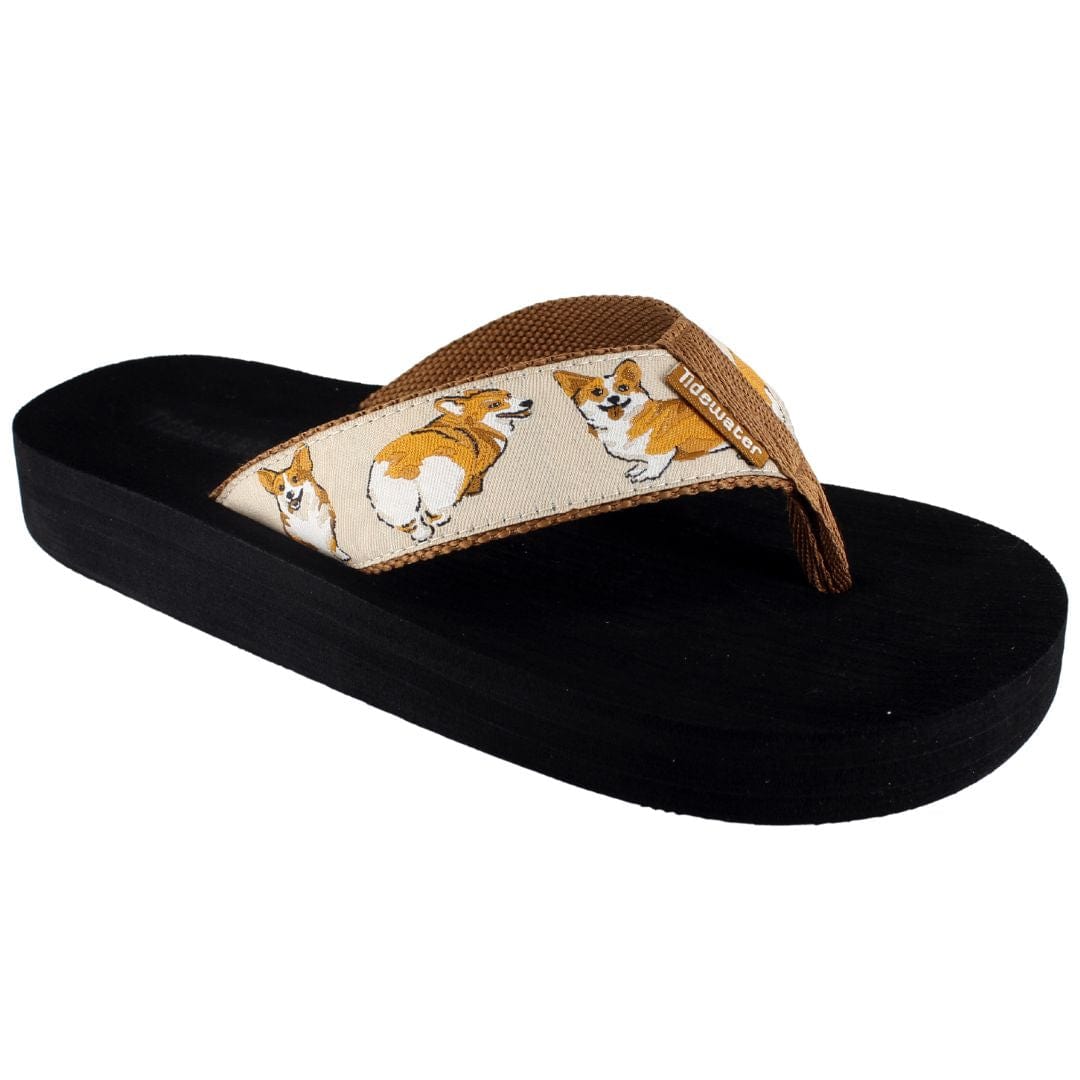 Tidewater Sandals featuring a playful corgi print on a comfortable flip-flop design with a black sole.