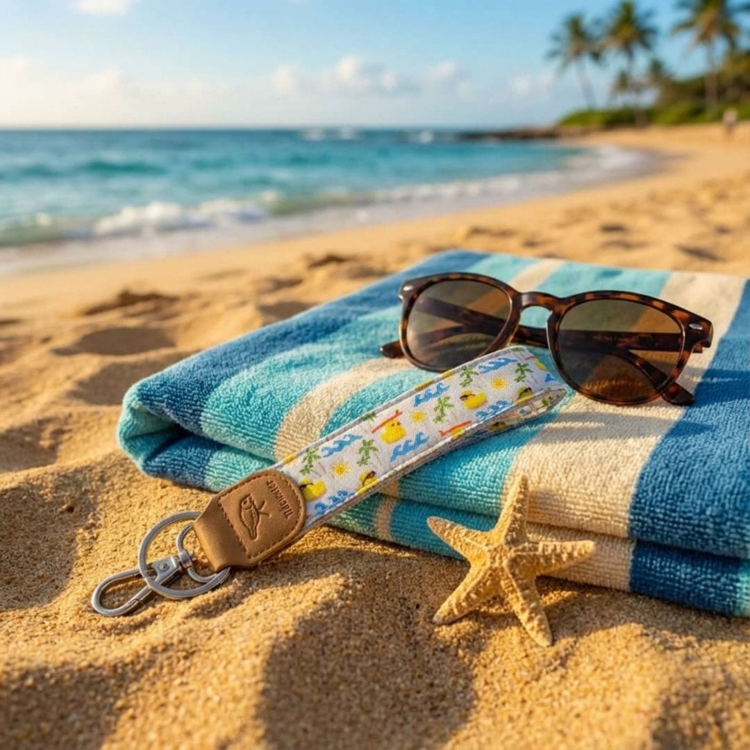 Sunglasses and keychain on a striped towel with a starfish on a sandy beach.