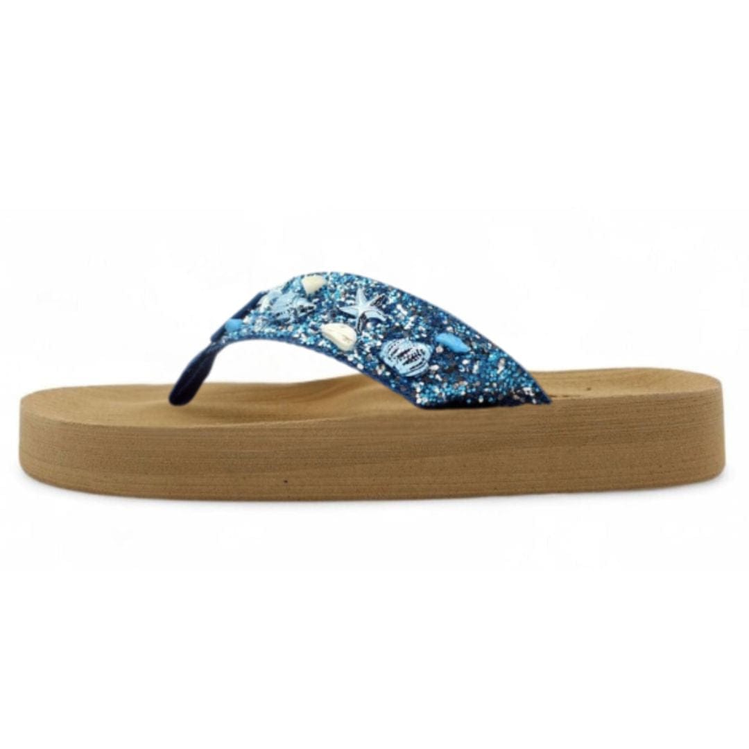 Flip-flop with blue floral strap on a white background
