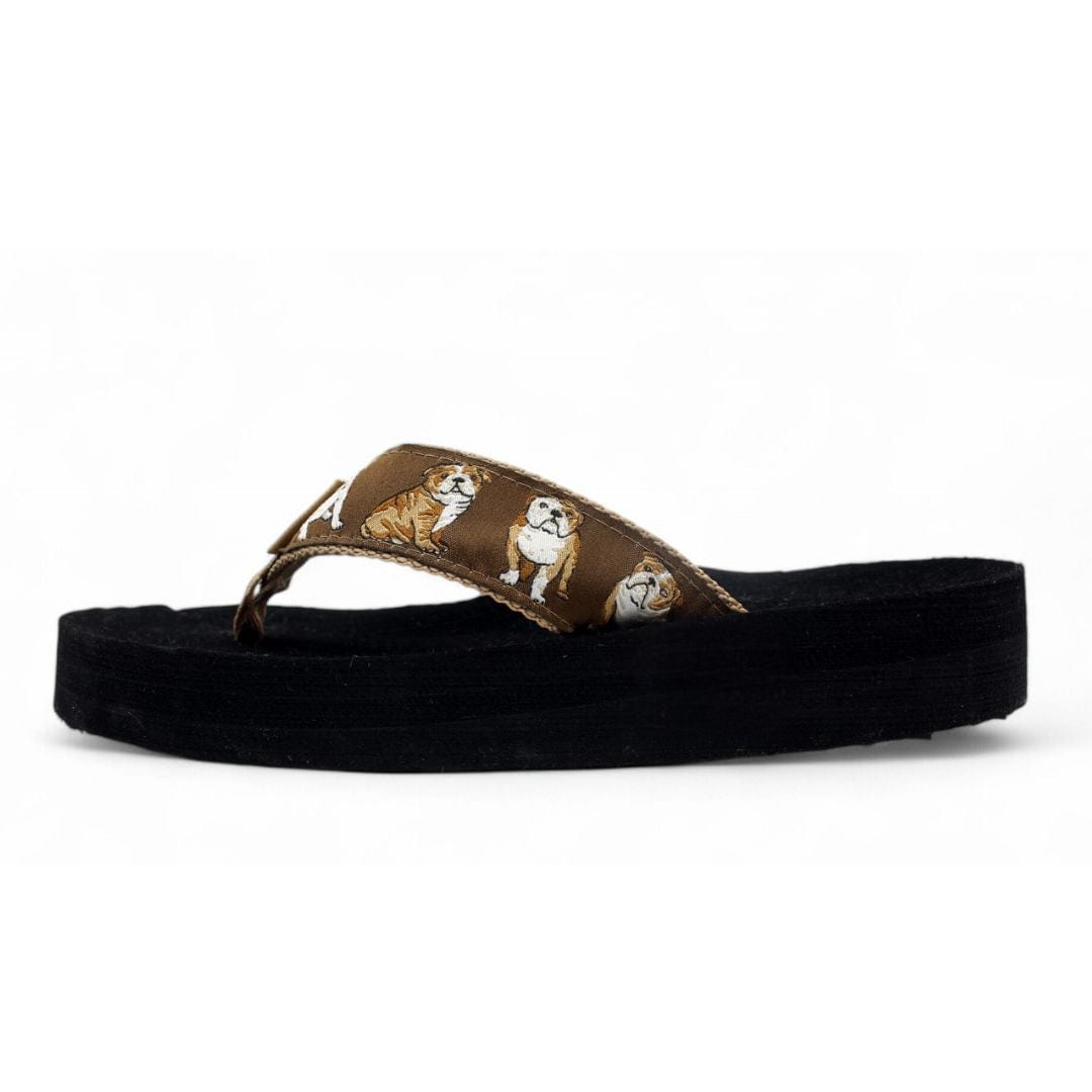 Brown flip-flop featuring a fun English Bulldog print on the strap, perfect for casual summer wear.