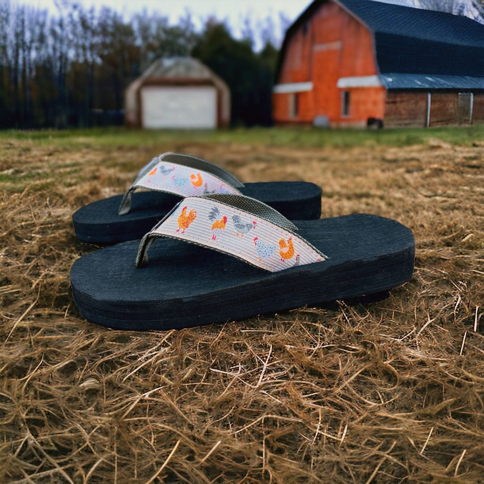 Comfortable Chicken Yard flip-flops featuring a playful design, perfect for casual outdoor wear and summer activities.