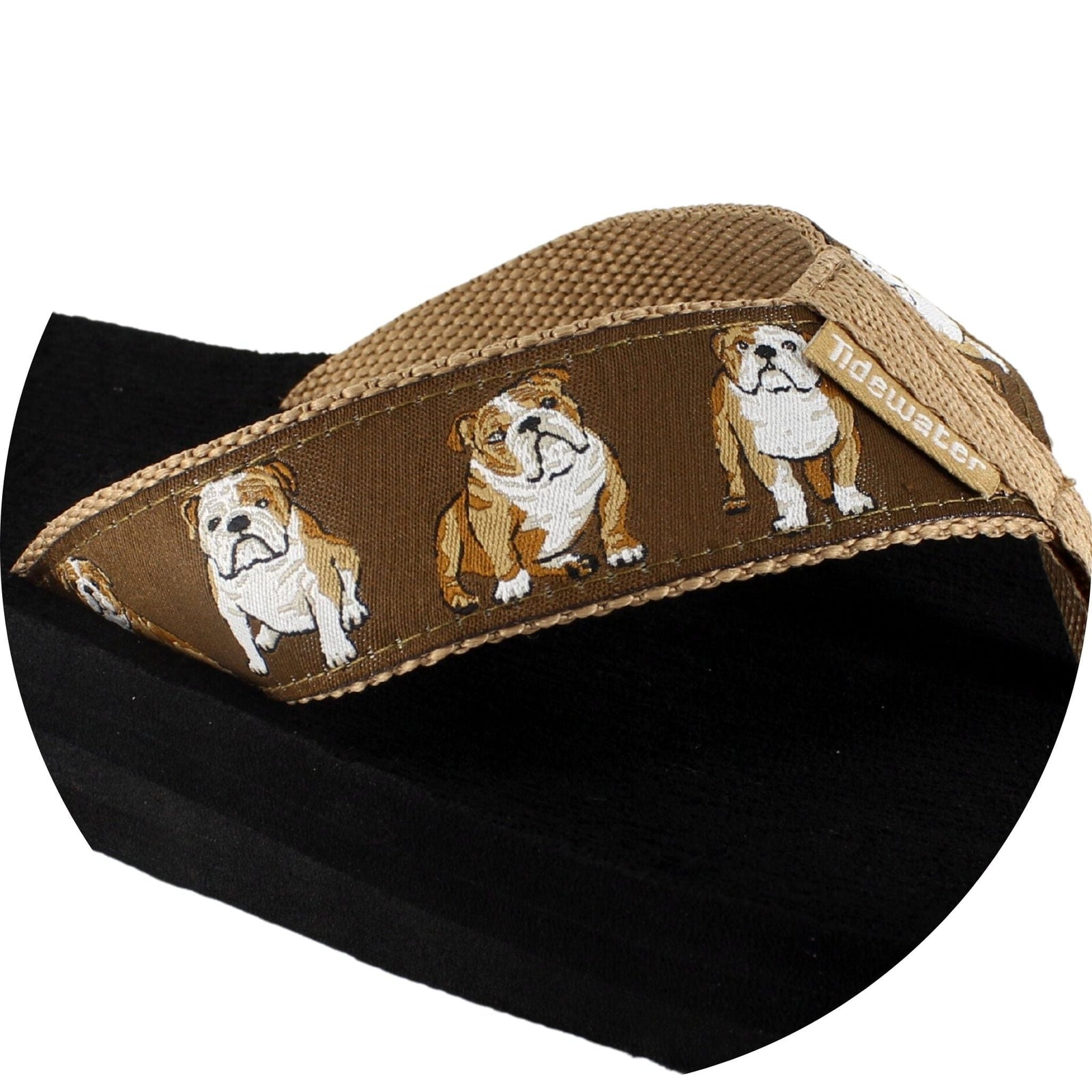 Tidewater Sandals featuring a fun English Bulldog print on a brown strap, perfect for casual summer wear.