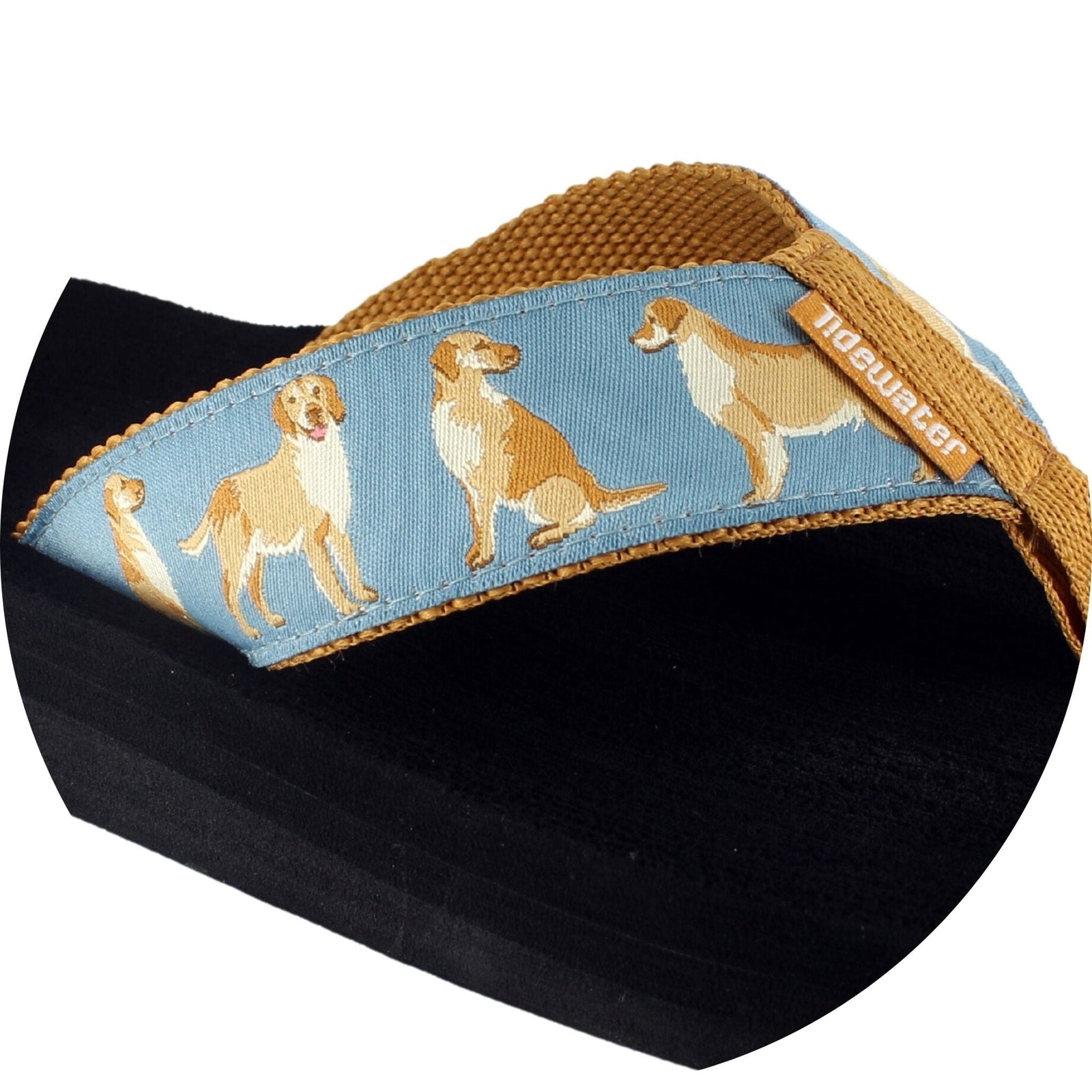 Tidewater Sandals featuring a fun design of Golden Retrievers on a blue strap, perfect for dog lovers.