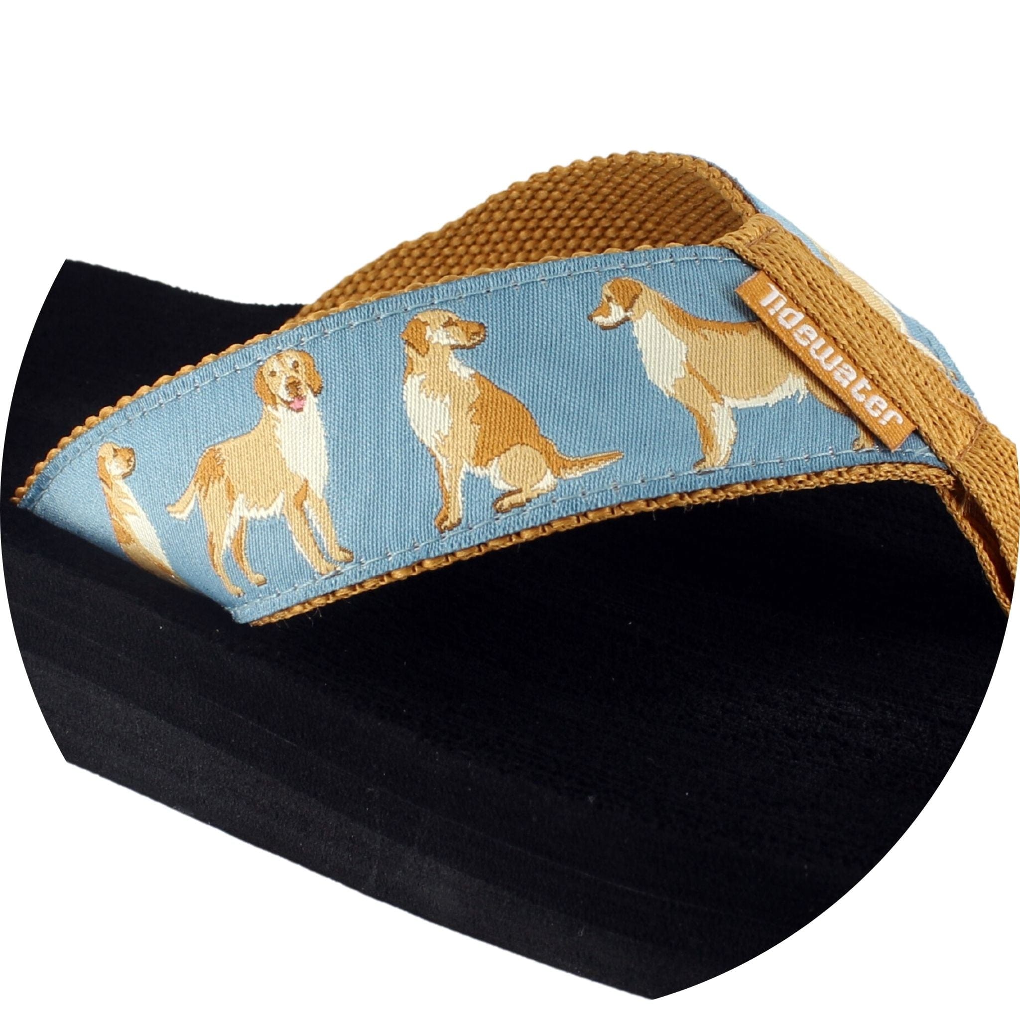 Tidewater Sandals featuring a fun design of Golden Retrievers on a blue strap, perfect for dog lovers.
